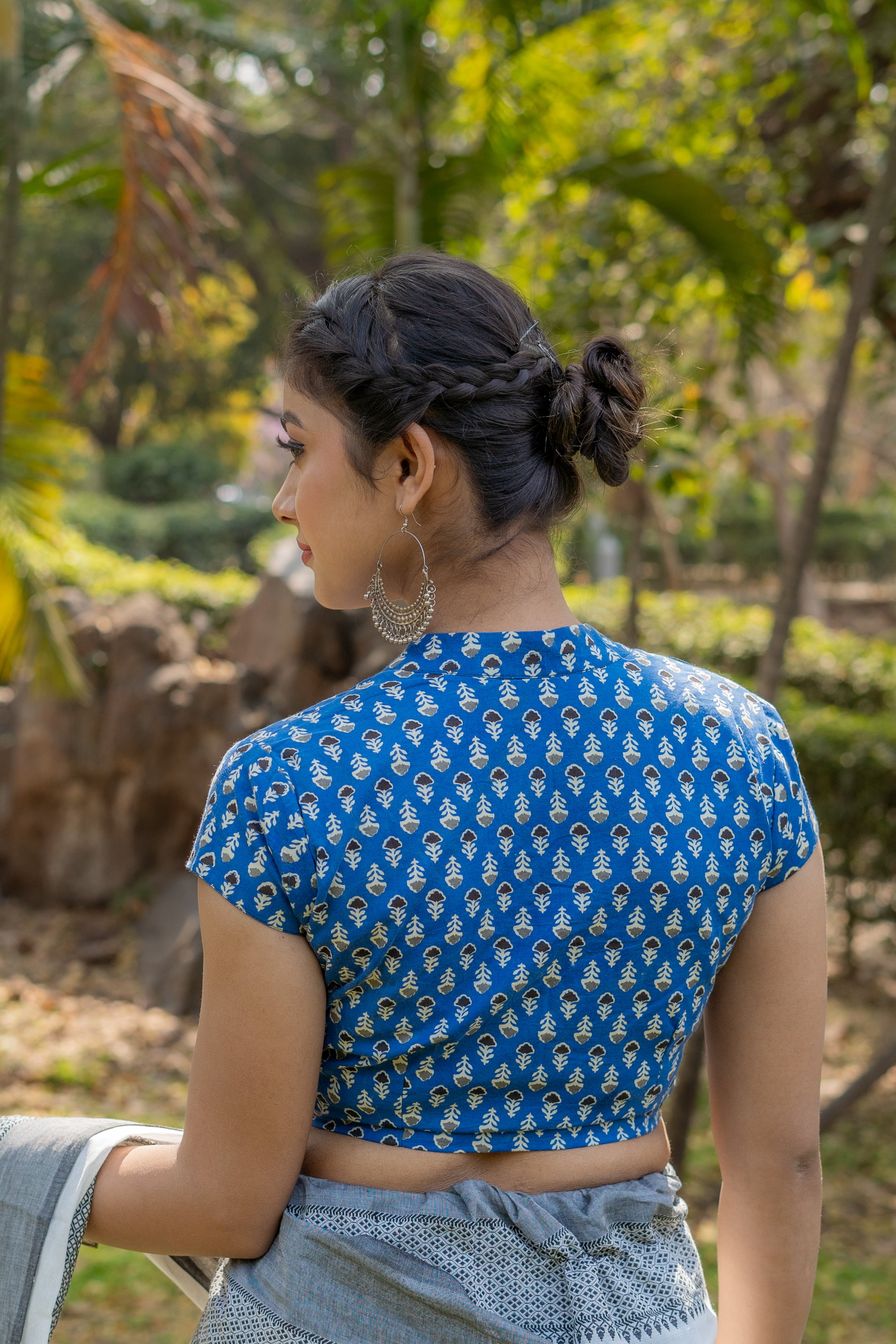 Blue bagru booti handblock print cotton blouse