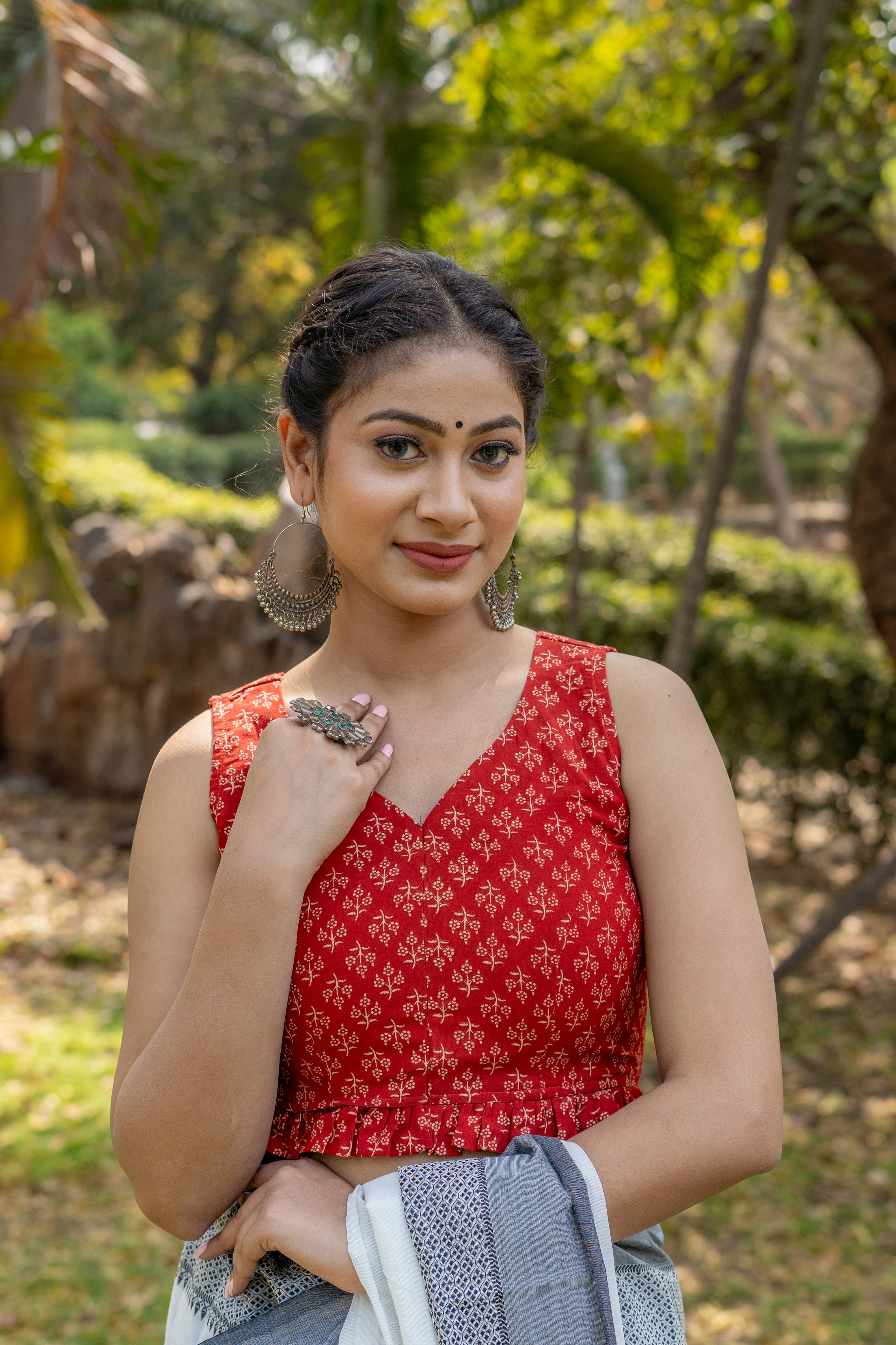 Red bagru booti handblock print sleevless cotton blouse with frills