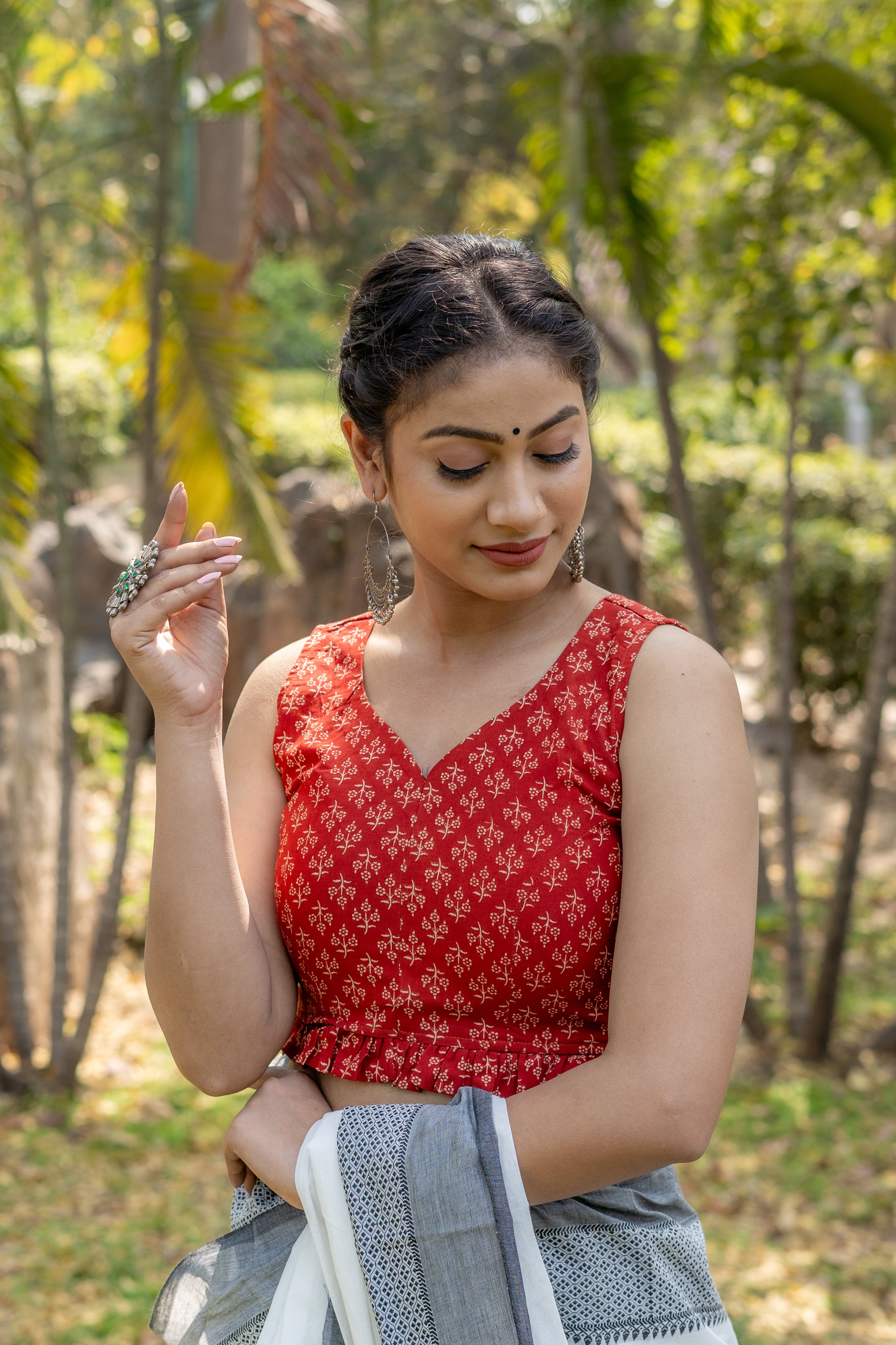 Red bagru booti handblock print sleevless cotton blouse with frills