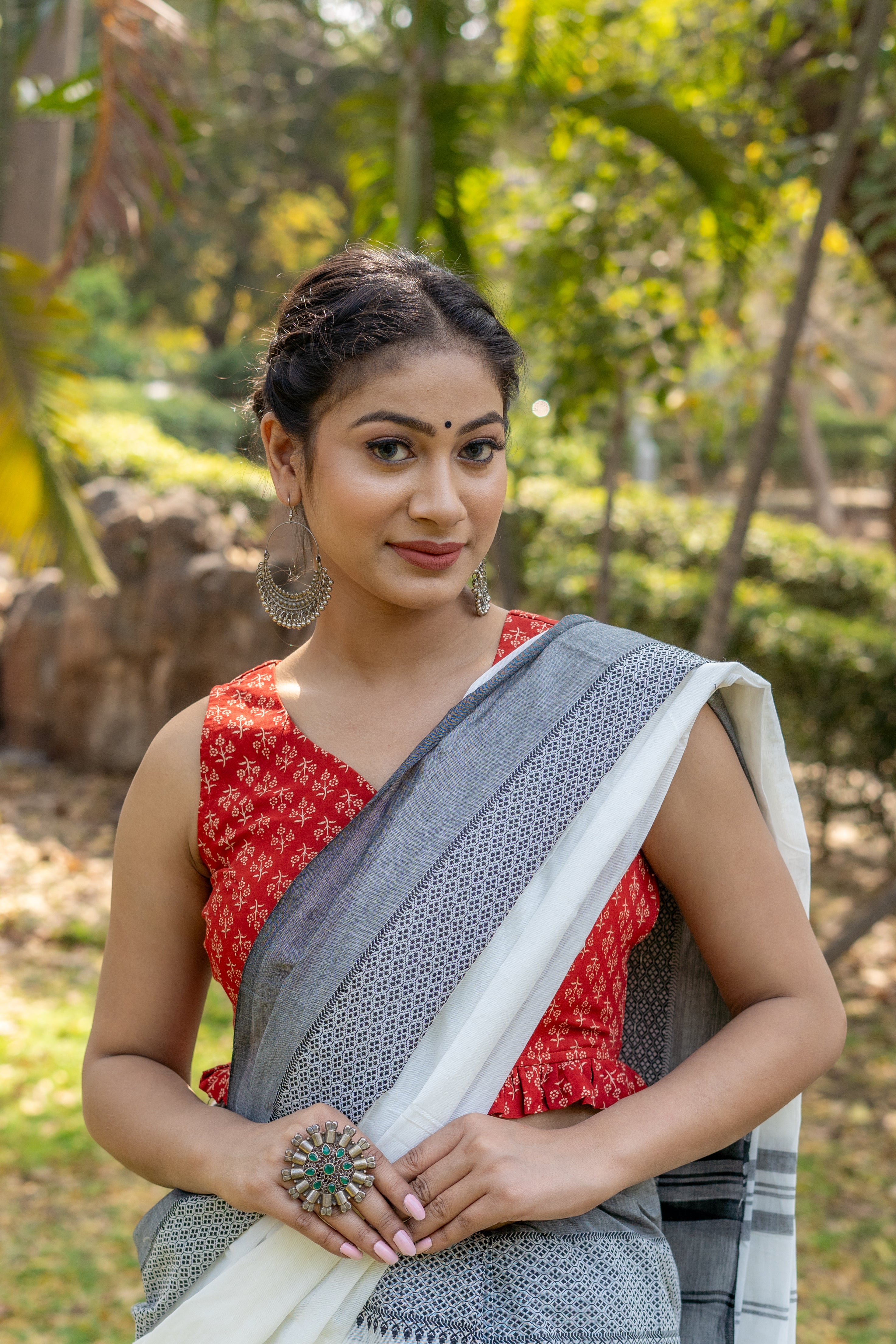 Red bagru booti handblock print sleevless cotton blouse with frills
