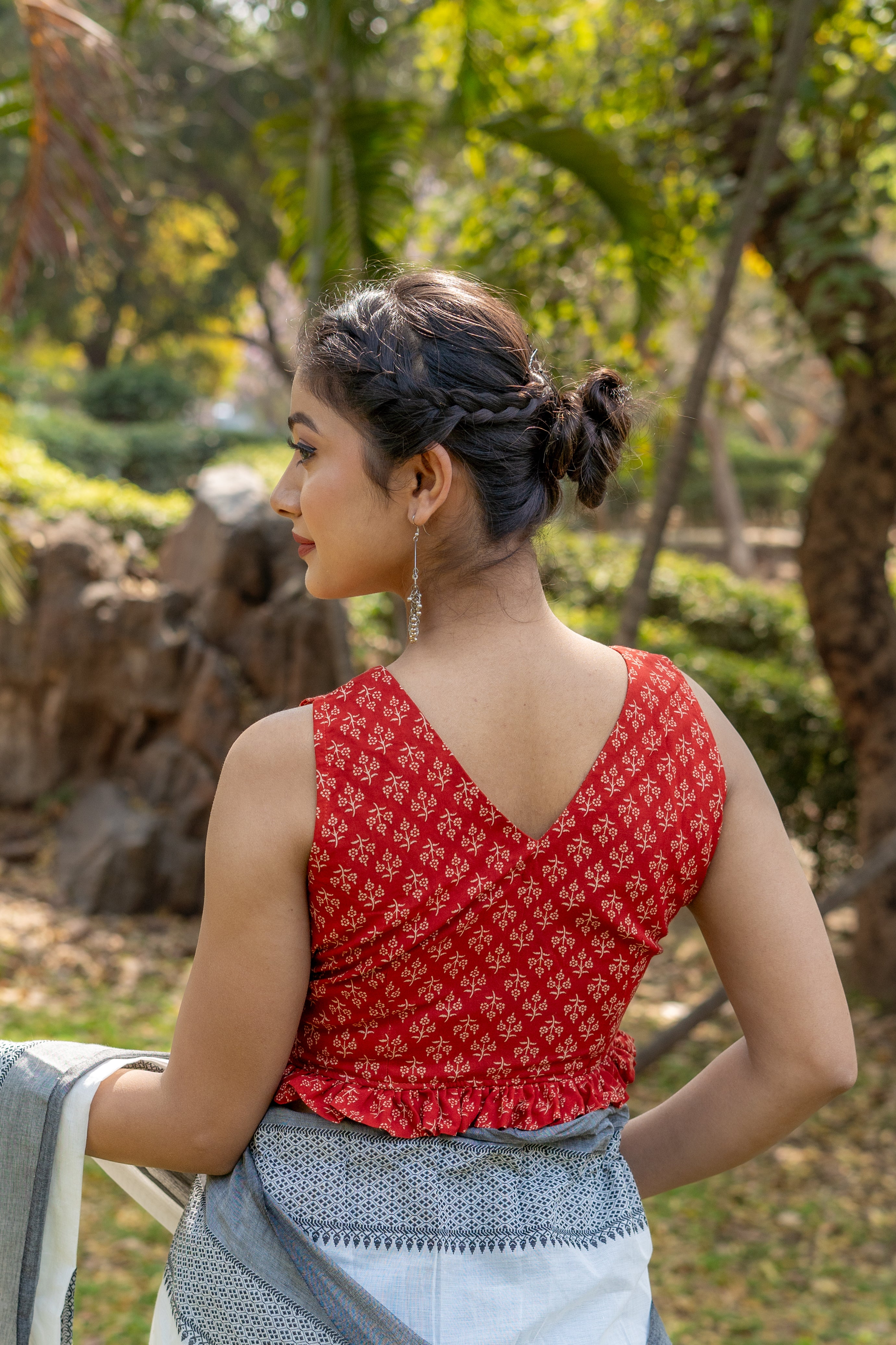 Red bagru booti handblock print sleevless cotton blouse with frills