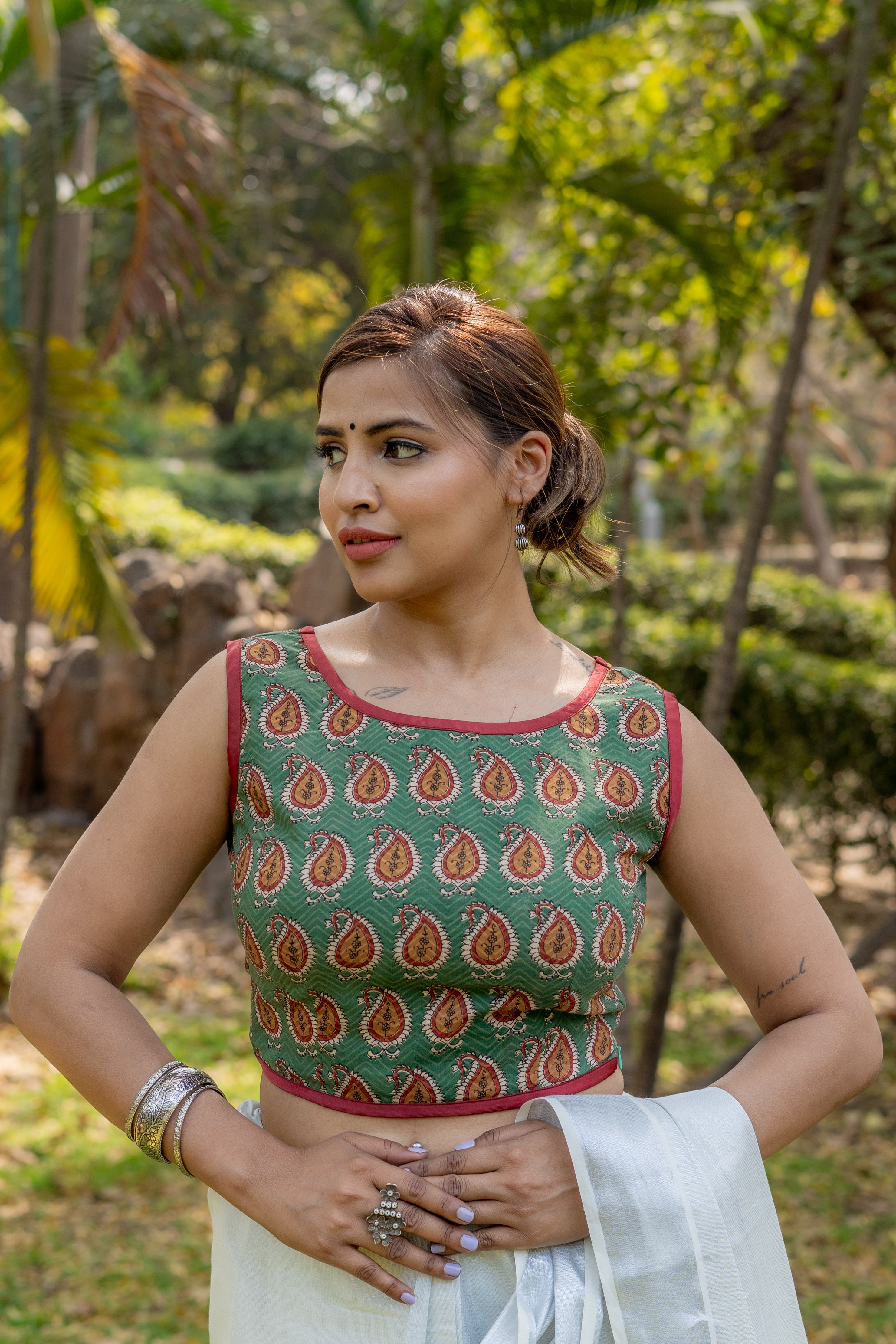 Green bagru paisley handblock print sleeveless cotton blouse with brown piping