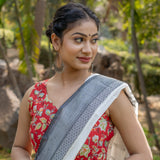 Red sanganeri handblock print sleeveless cotton blouse with frills