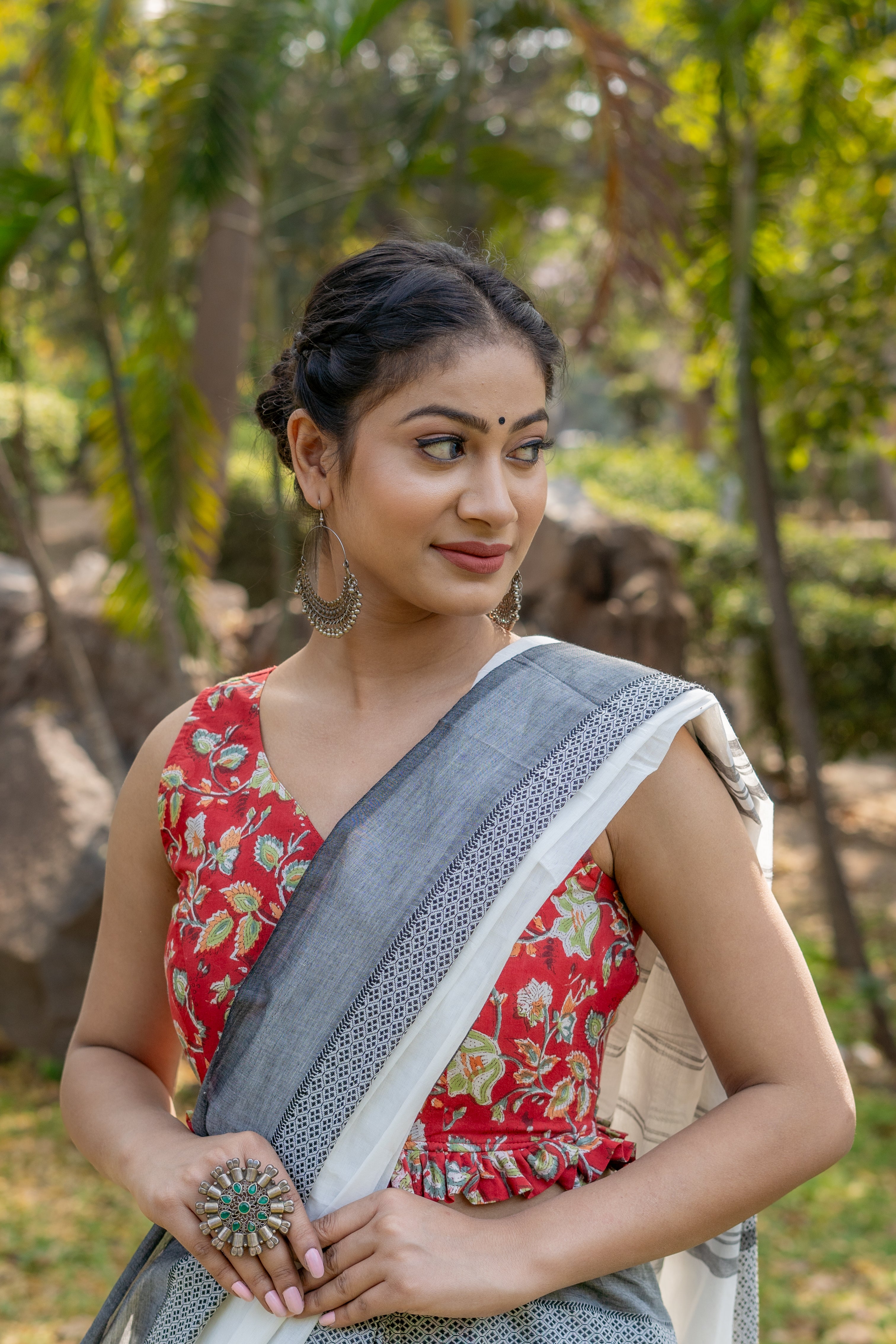 Red sanganeri handblock print sleeveless cotton blouse with frills