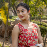 Red sanganeri handblock print sleeveless cotton blouse with frills