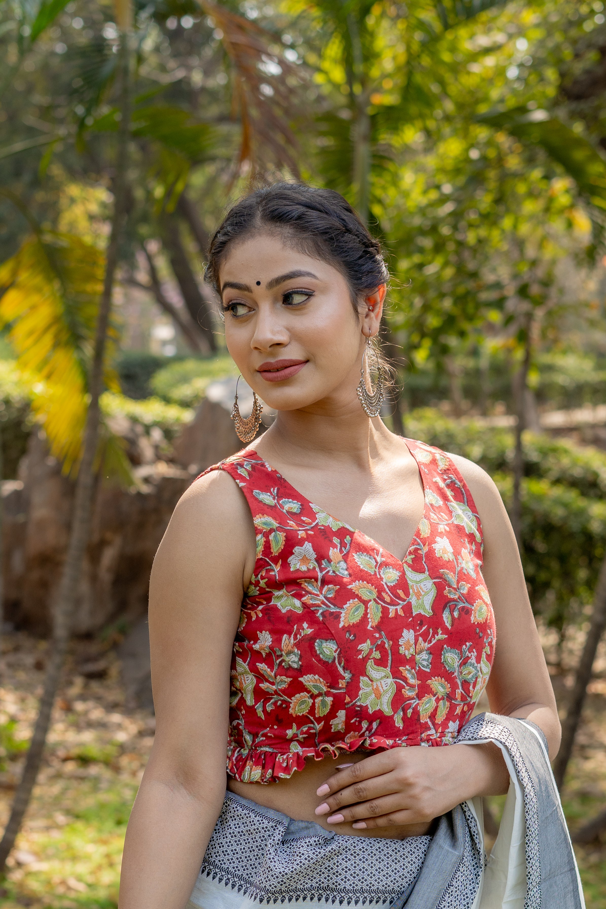 Red sanganeri handblock print sleeveless cotton blouse with frills