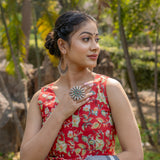 Red sanganeri handblock print sleeveless cotton blouse with frills