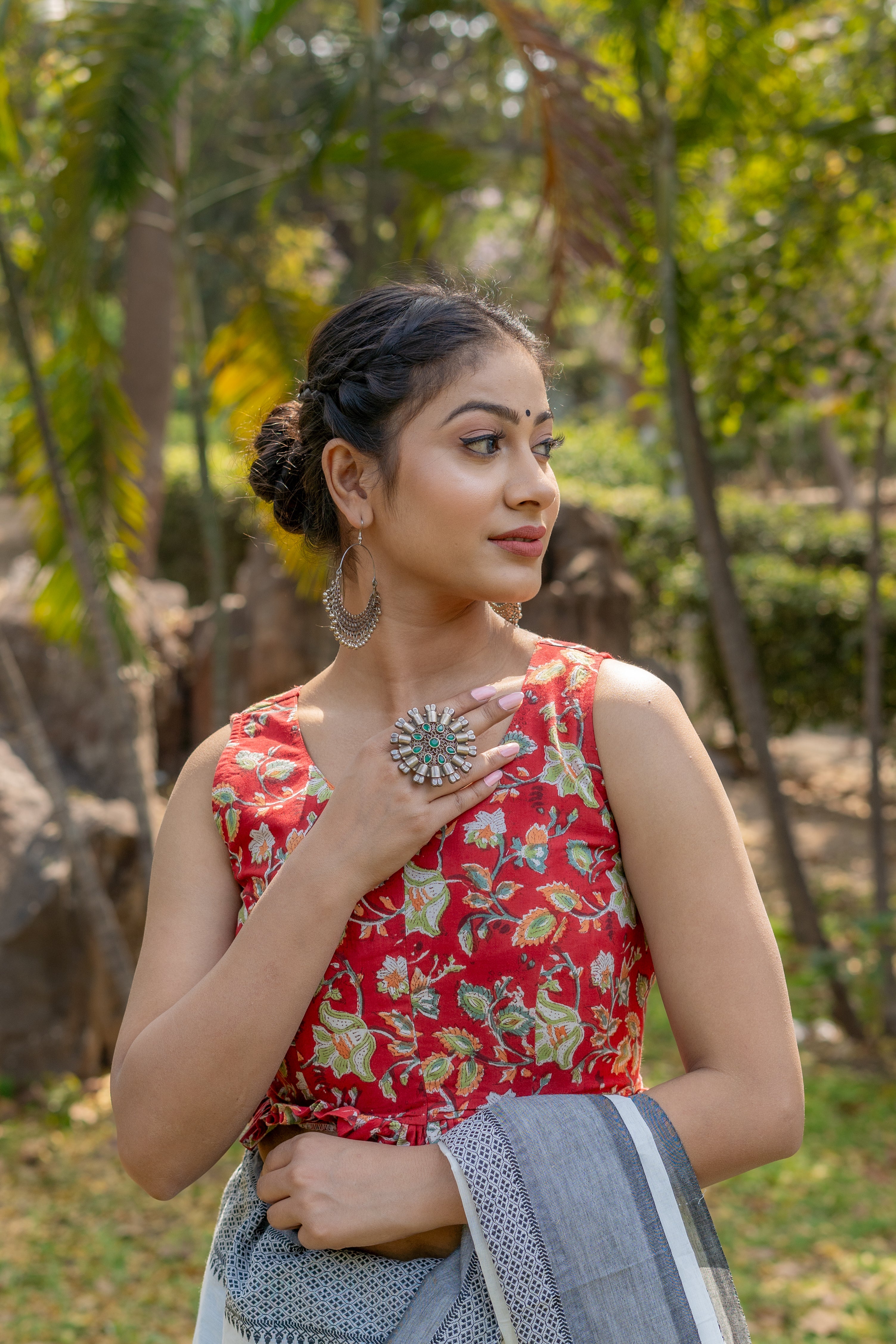 Red sanganeri handblock print sleeveless cotton blouse with frills