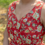 Red sanganeri handblock print sleeveless cotton blouse with frills