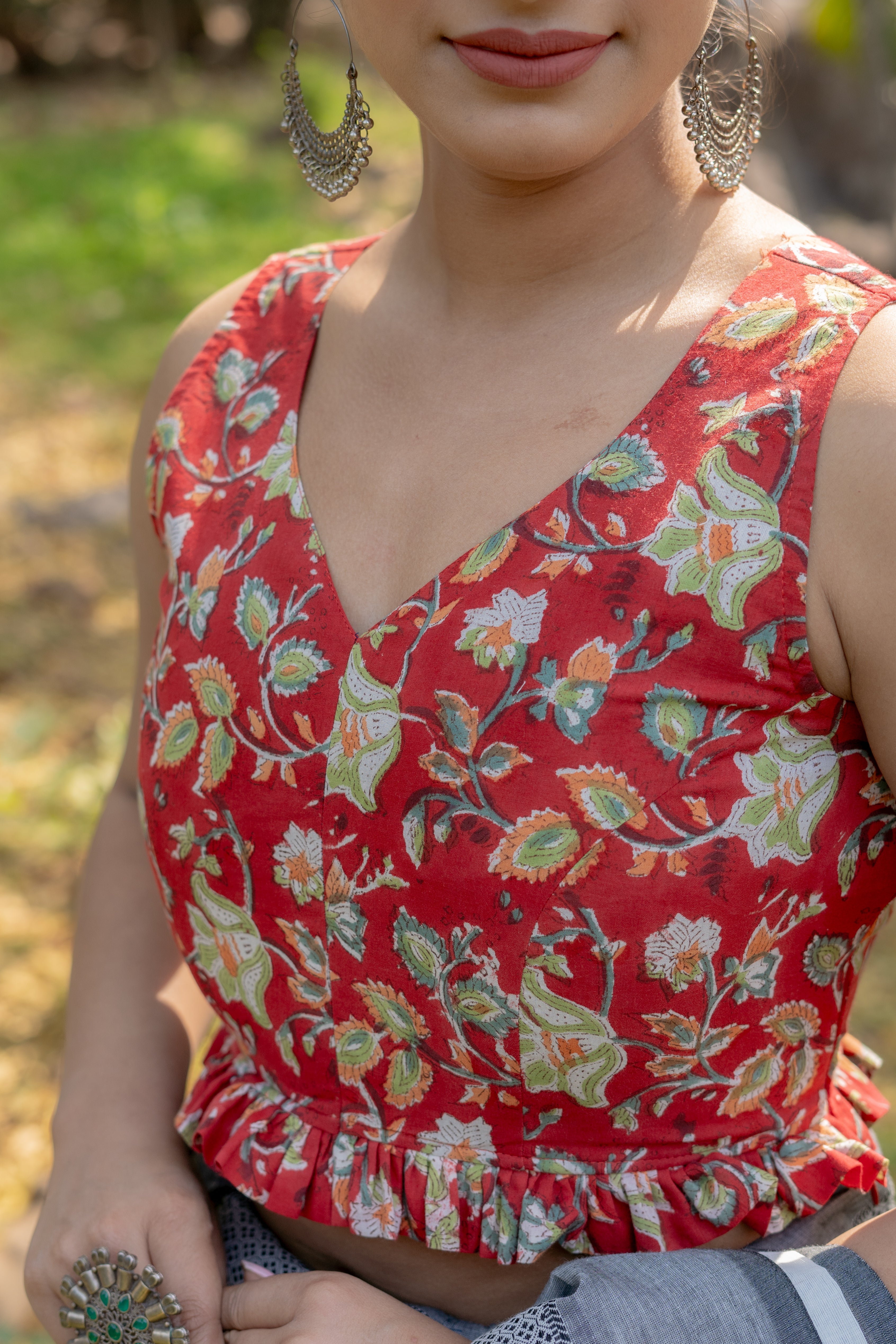 Red sanganeri handblock print sleeveless cotton blouse with frills