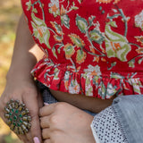 Red sanganeri handblock print sleeveless cotton blouse with frills