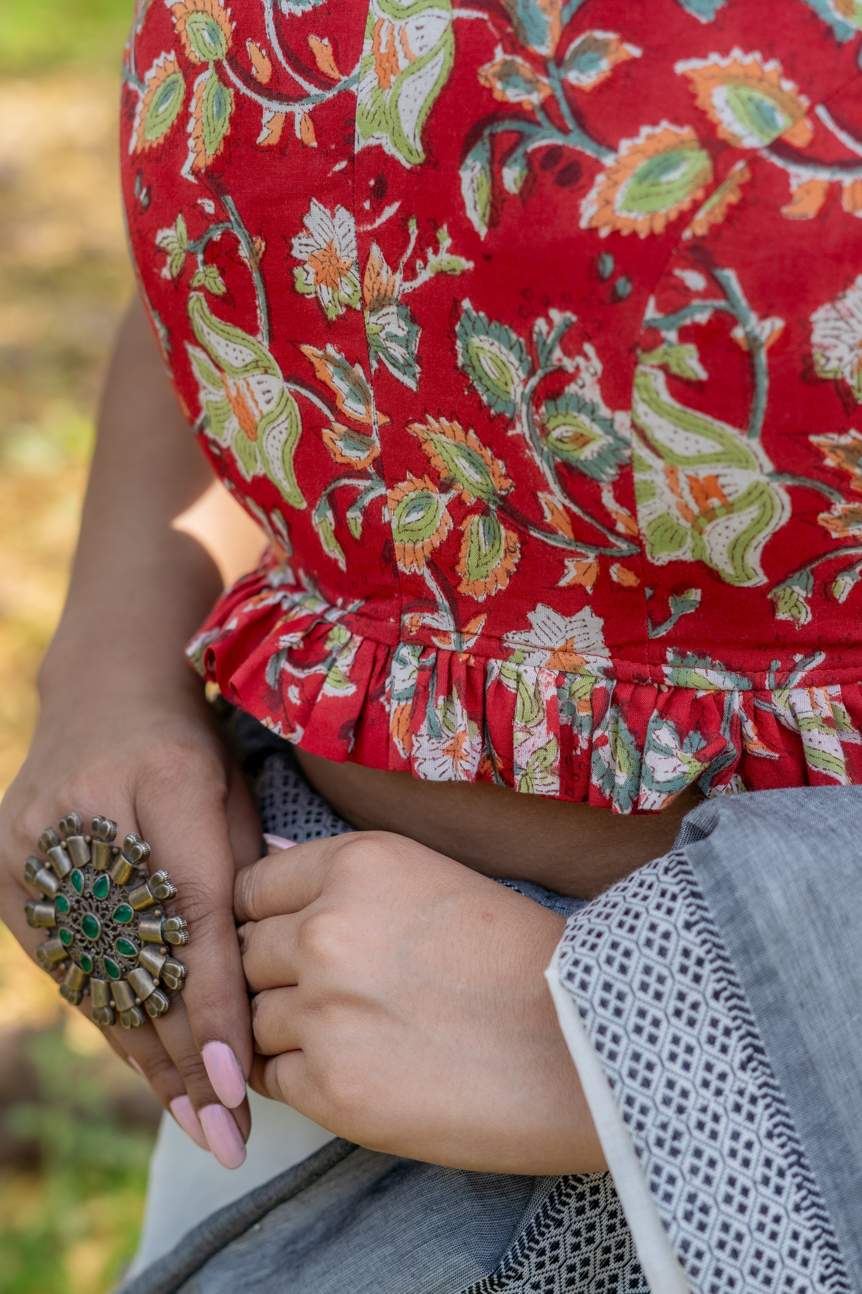 Red sanganeri handblock print sleeveless cotton blouse with frills