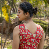 Red sanganeri handblock print sleeveless cotton blouse with frills