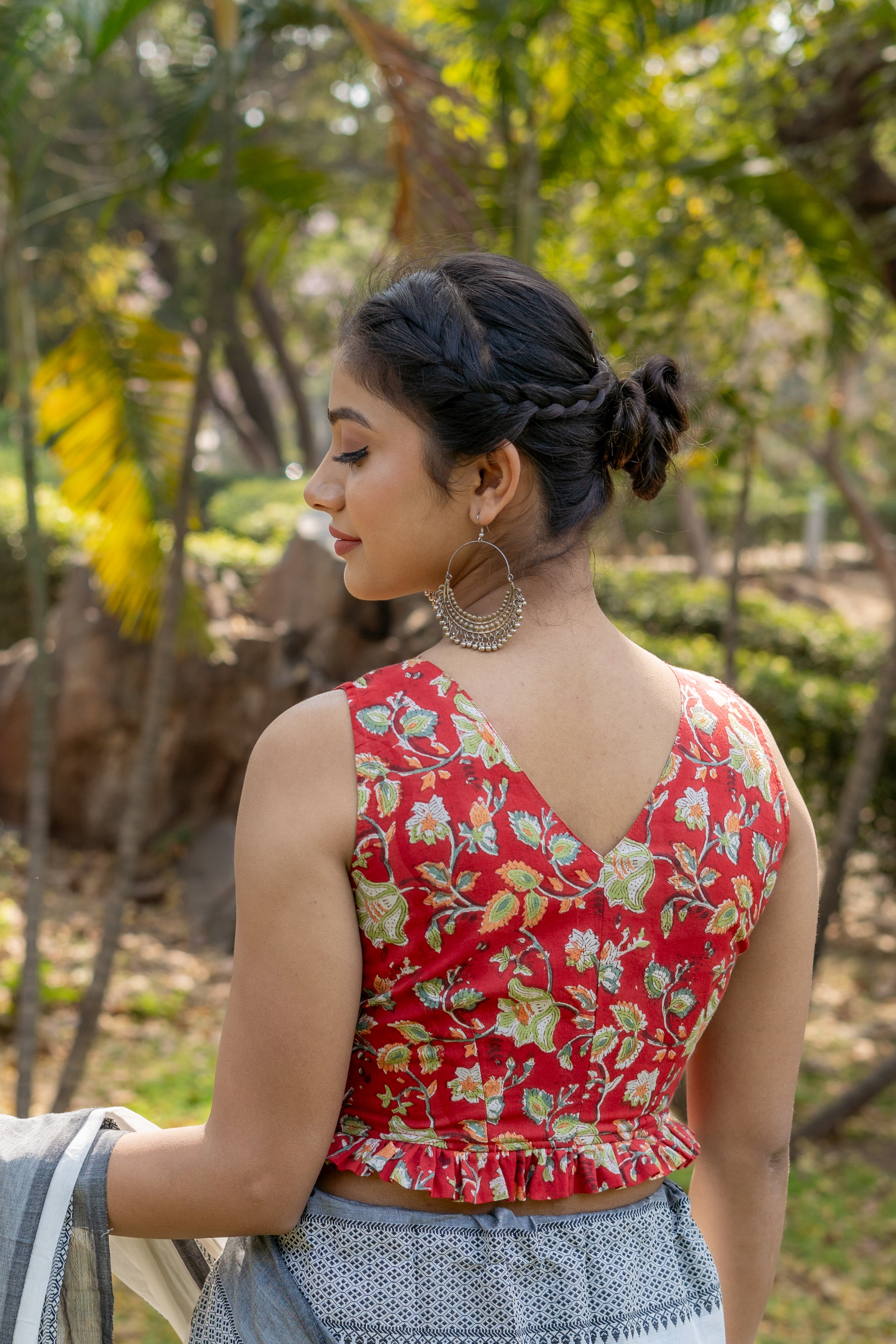 Red sanganeri handblock print sleeveless cotton blouse with frills