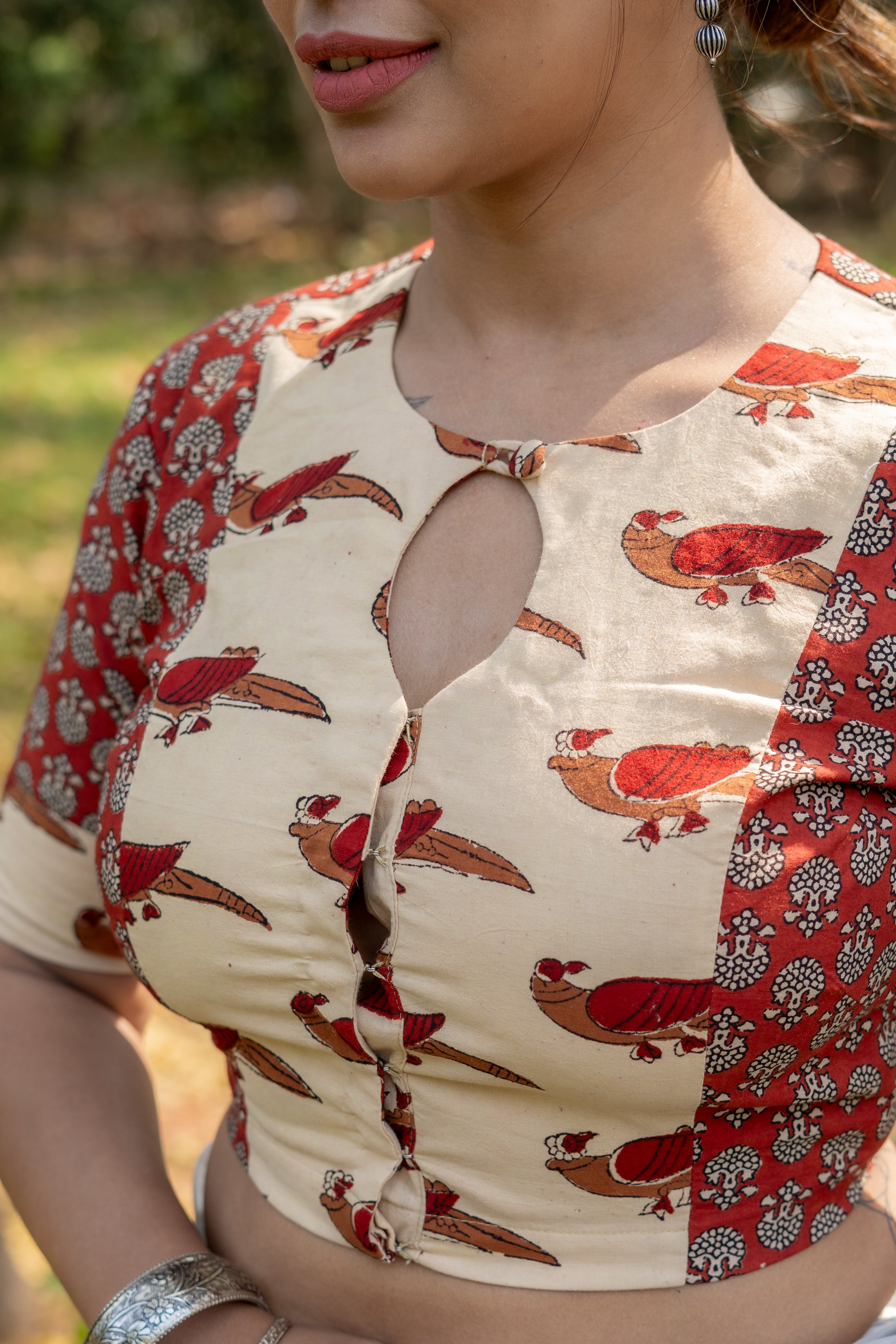 Bird handblock print cotton blouse with red bagru booti on sleeves