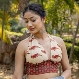 Bird handblock print halter neck cotton blouse