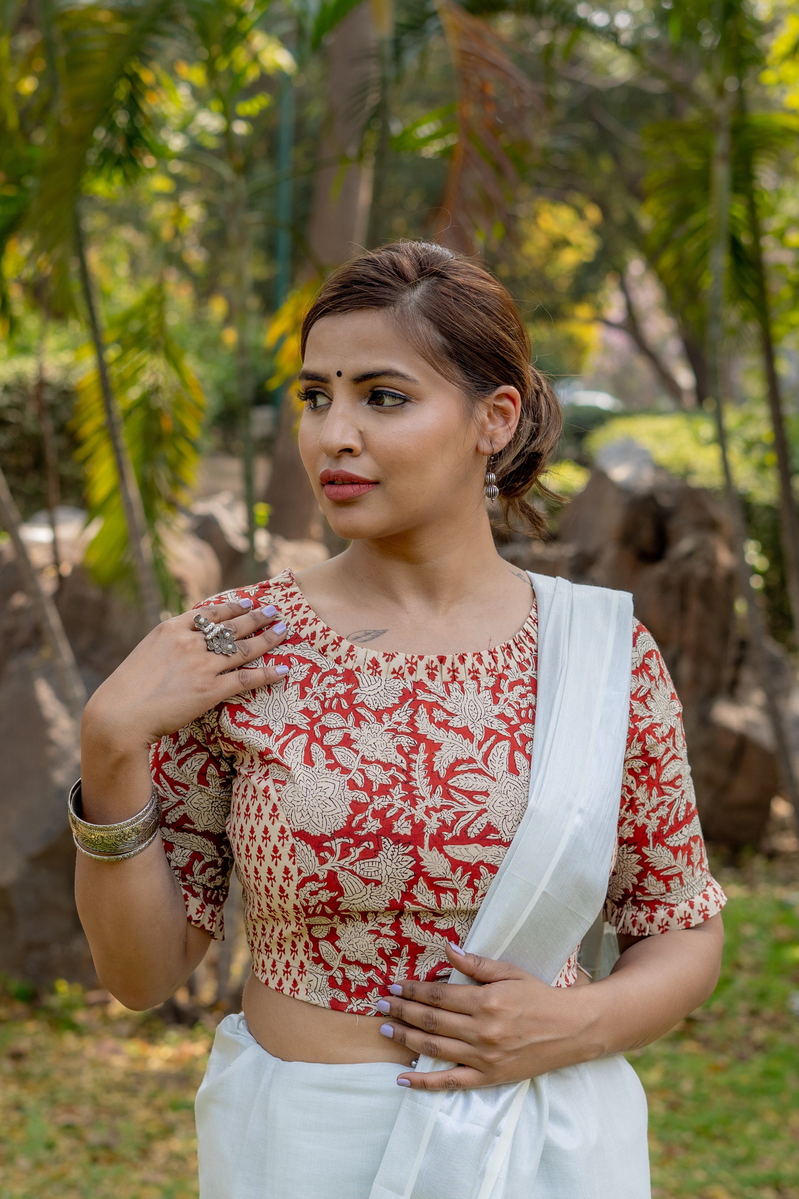 Red bagru jaali handblock print cotton blouse with booti on sleeves