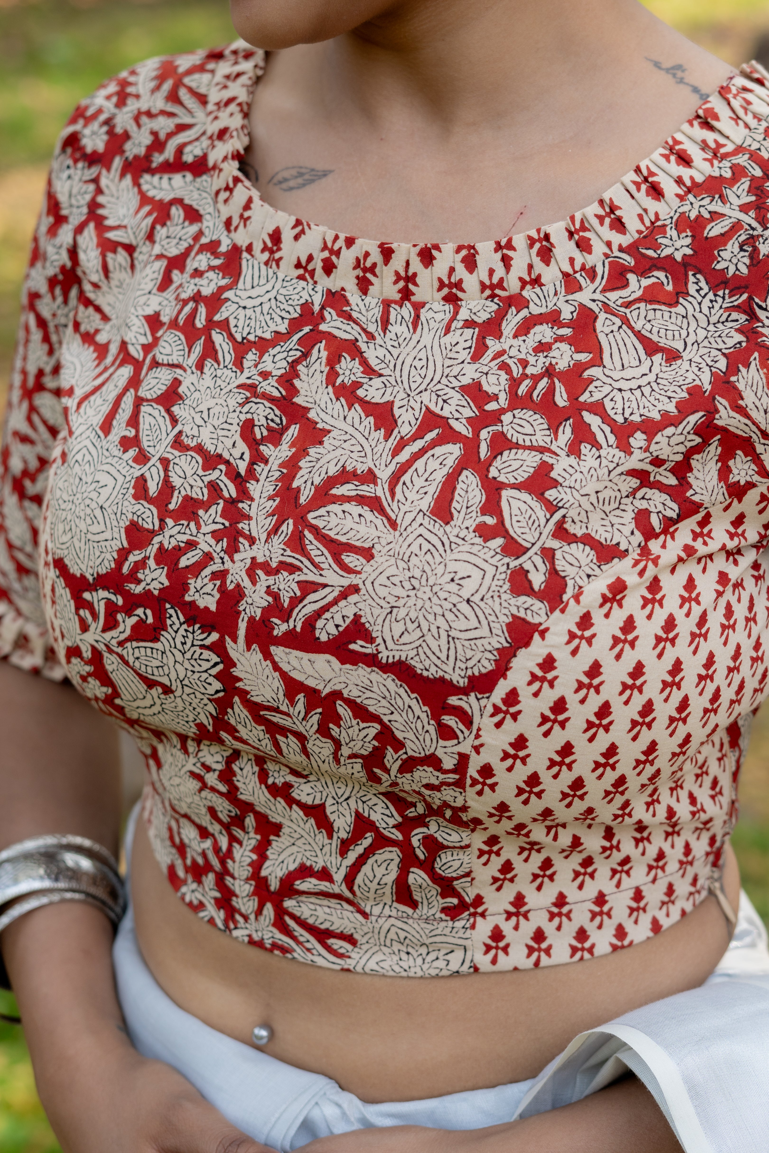 Red bagru jaali handblock print cotton blouse with booti on sleeves