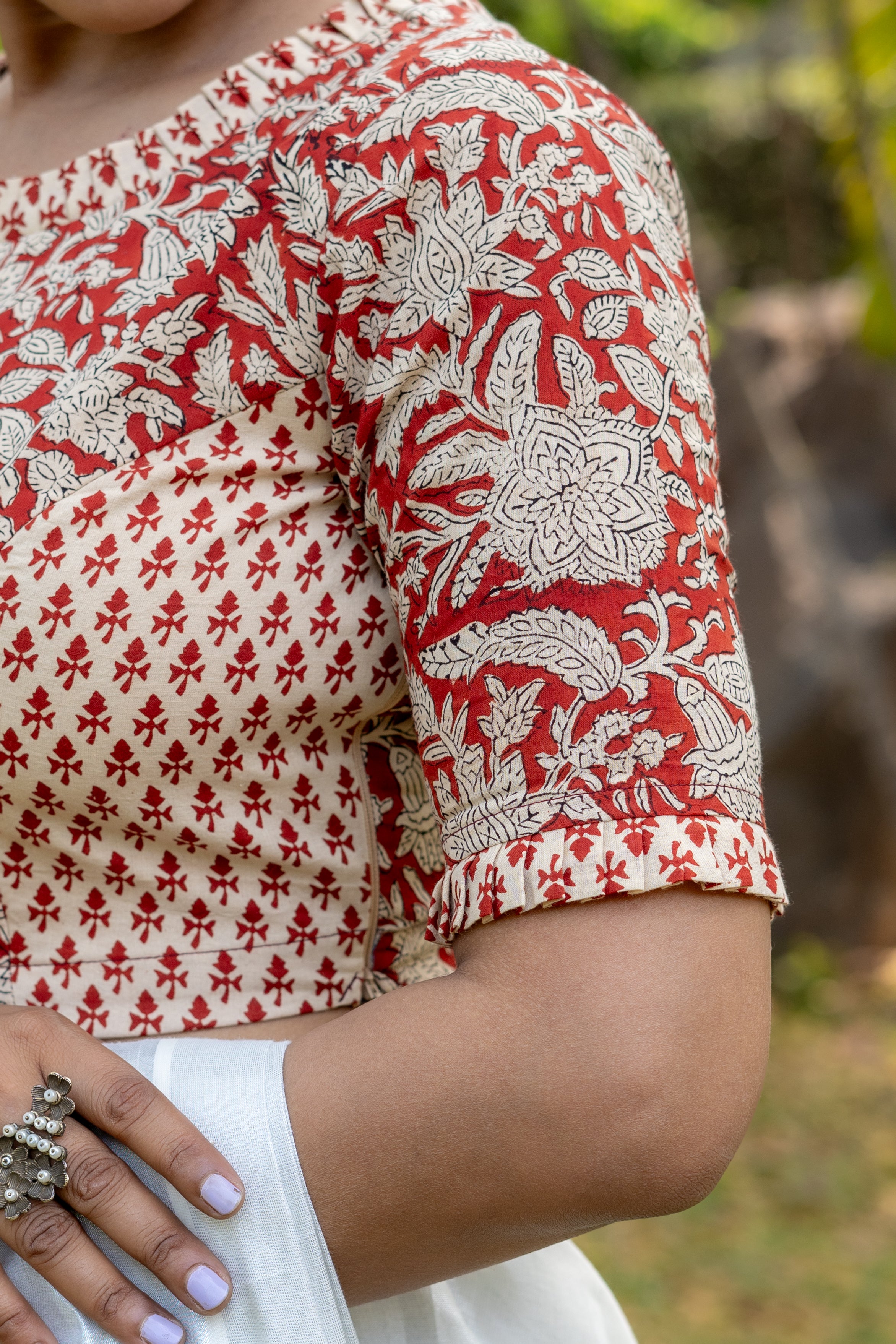 Red bagru jaali handblock print cotton blouse with booti on sleeves