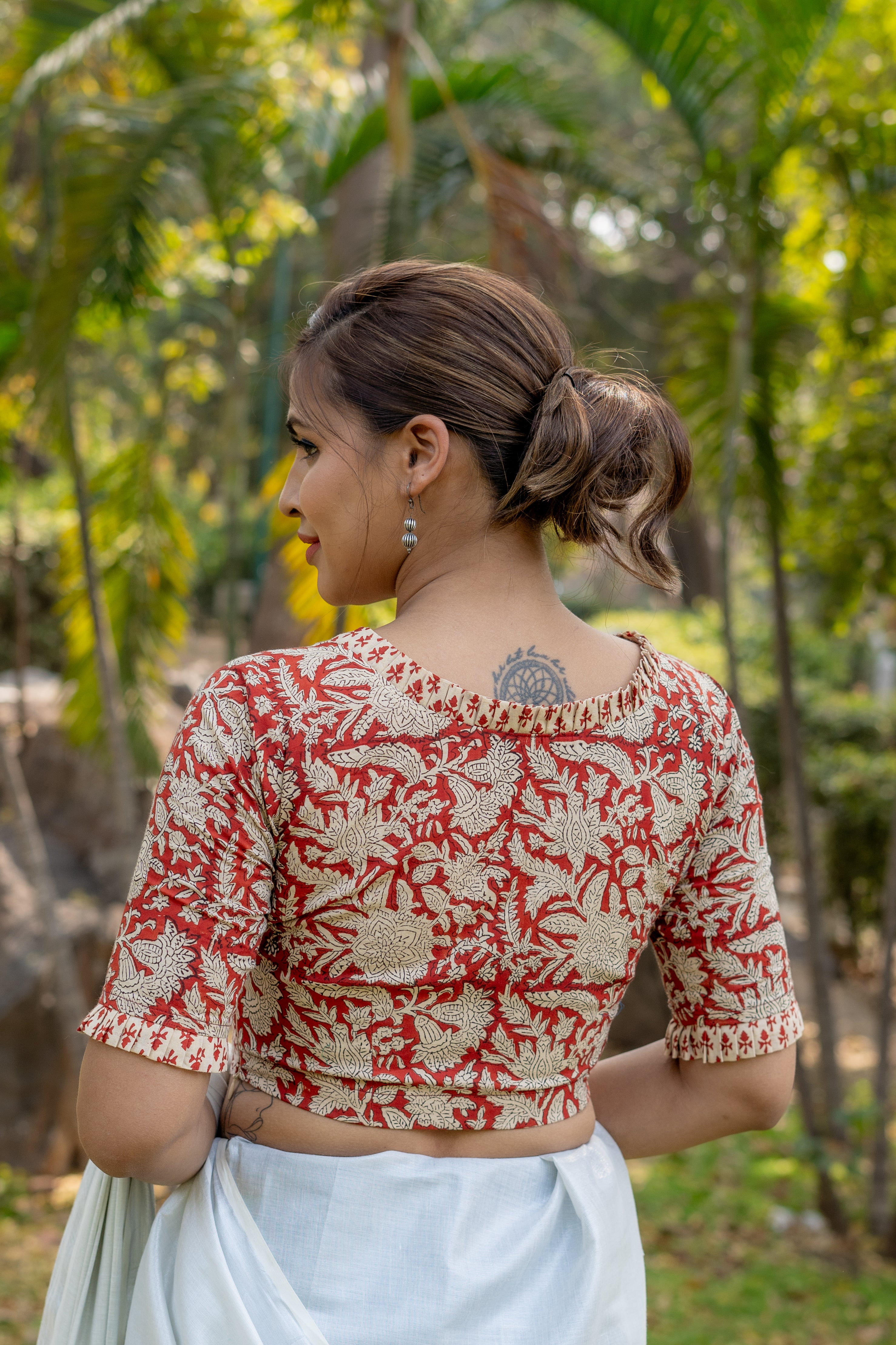 Red bagru jaali handblock print cotton blouse with booti on sleeves