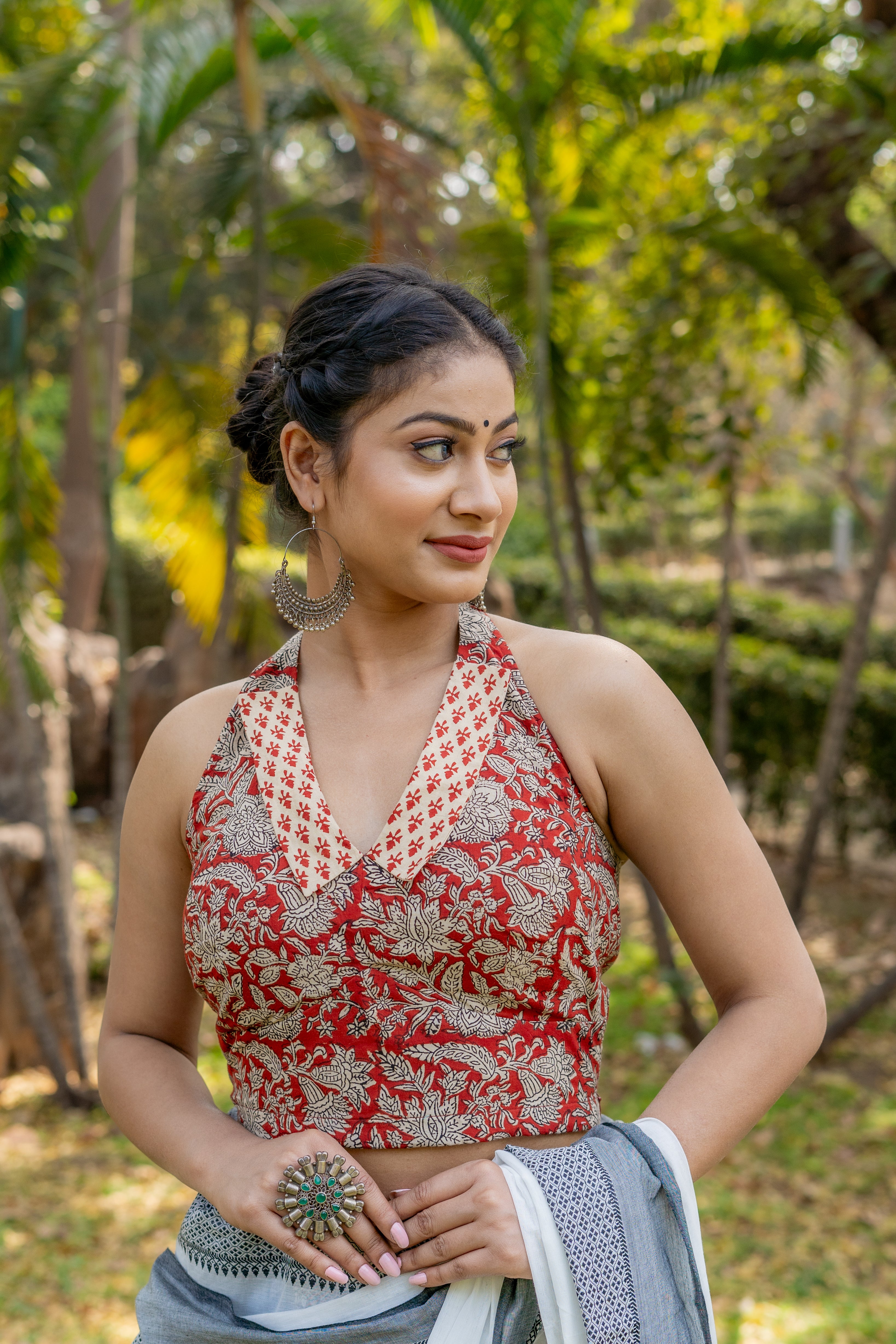 Red bagru handblock print halter neck cotton blouse with collared neckline