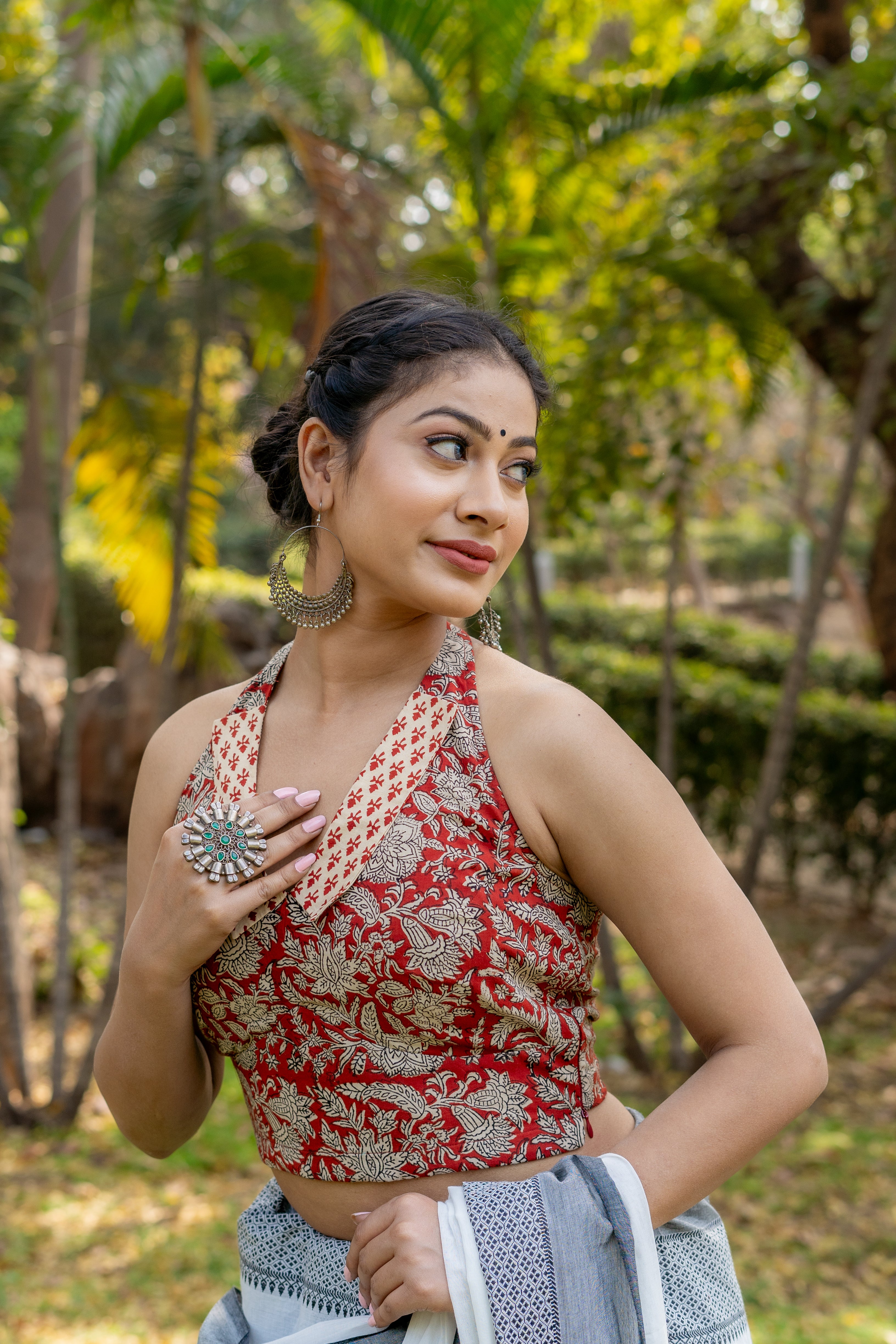 Red bagru handblock print halter neck cotton blouse with collared neckline