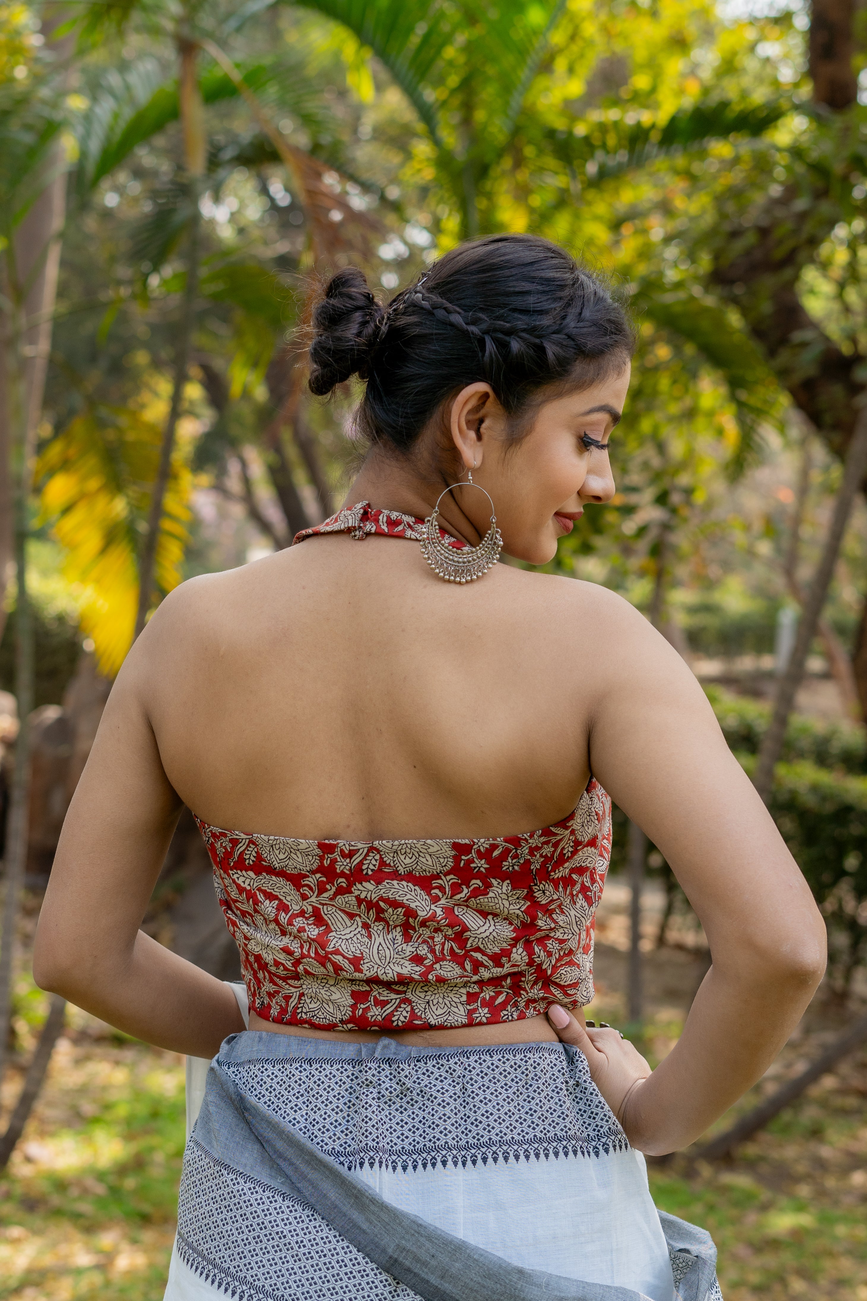 Red bagru handblock print halter neck cotton blouse with collared neckline