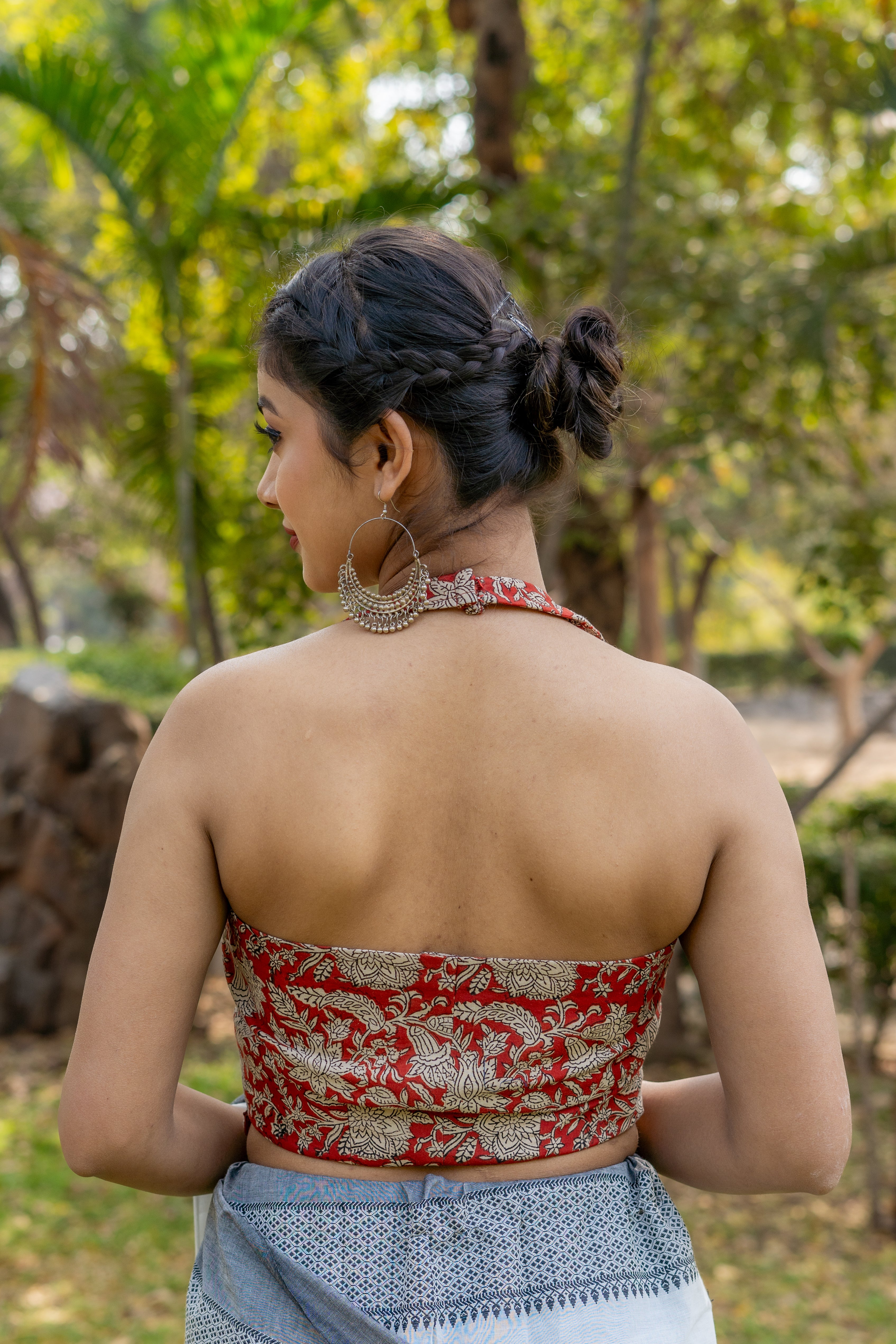 Red bagru handblock print halter neck cotton blouse with collared neckline