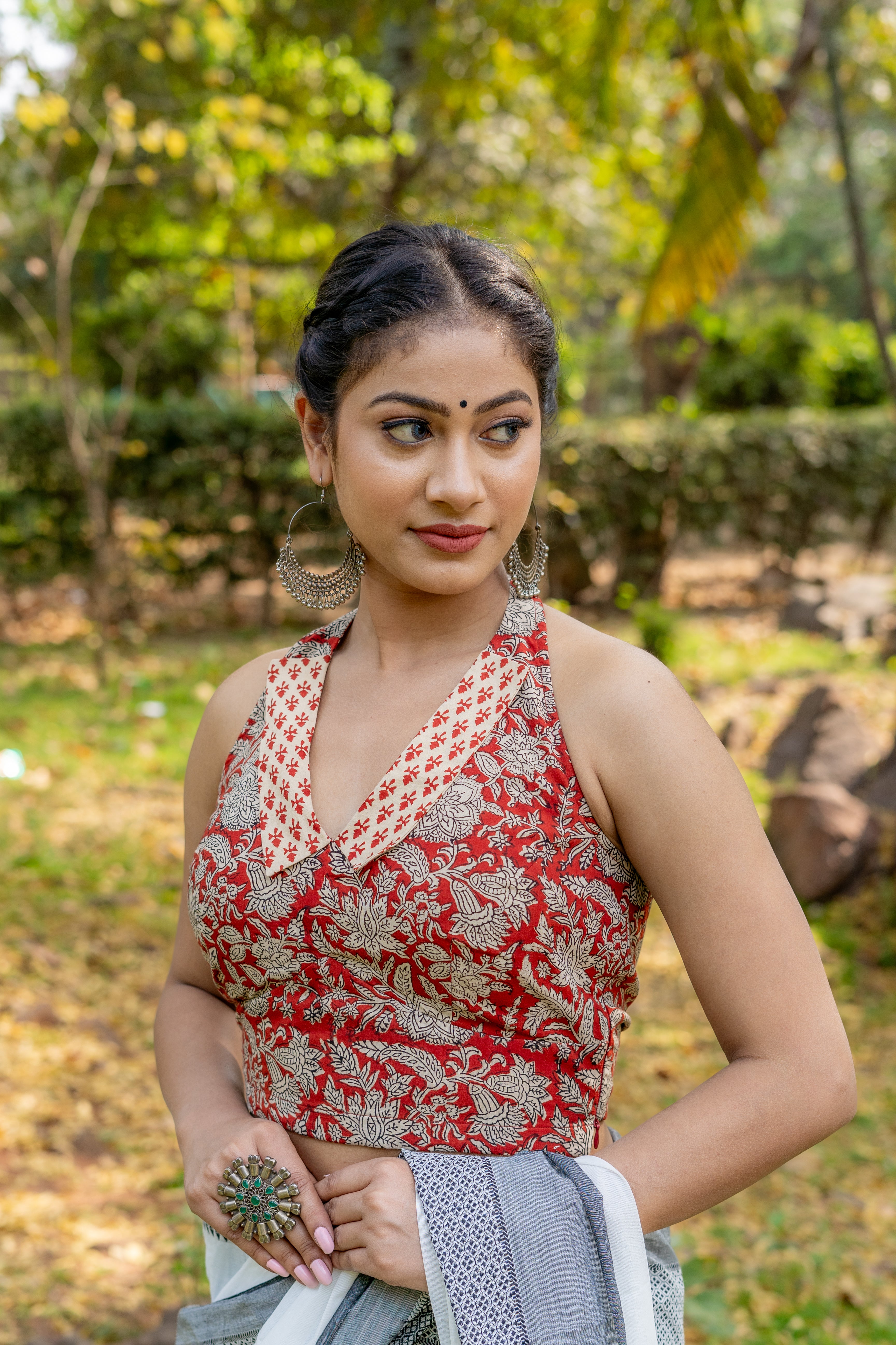 Red bagru handblock print halter neck cotton blouse with collared neckline