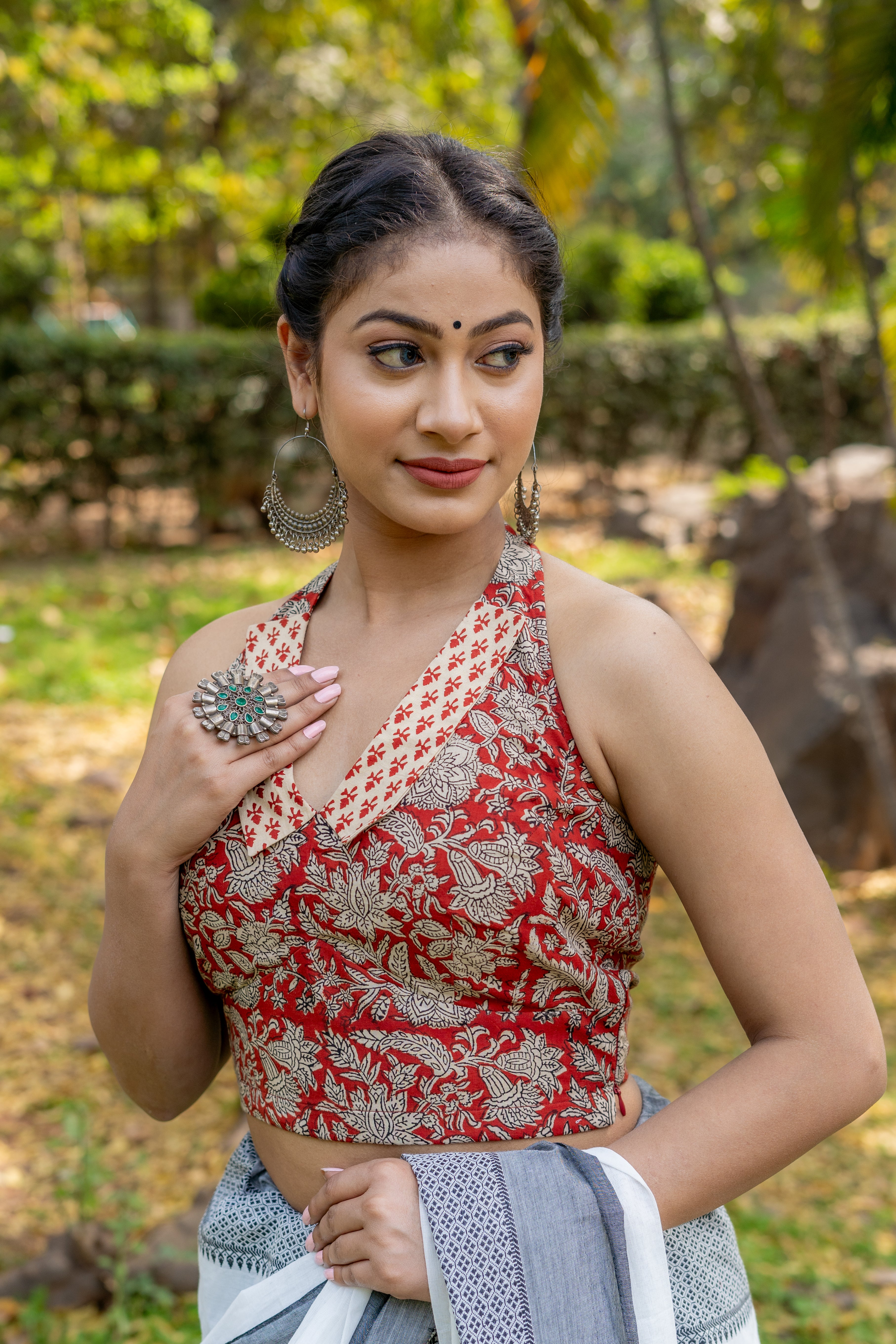 Red bagru handblock print halter neck cotton blouse with collared neckline