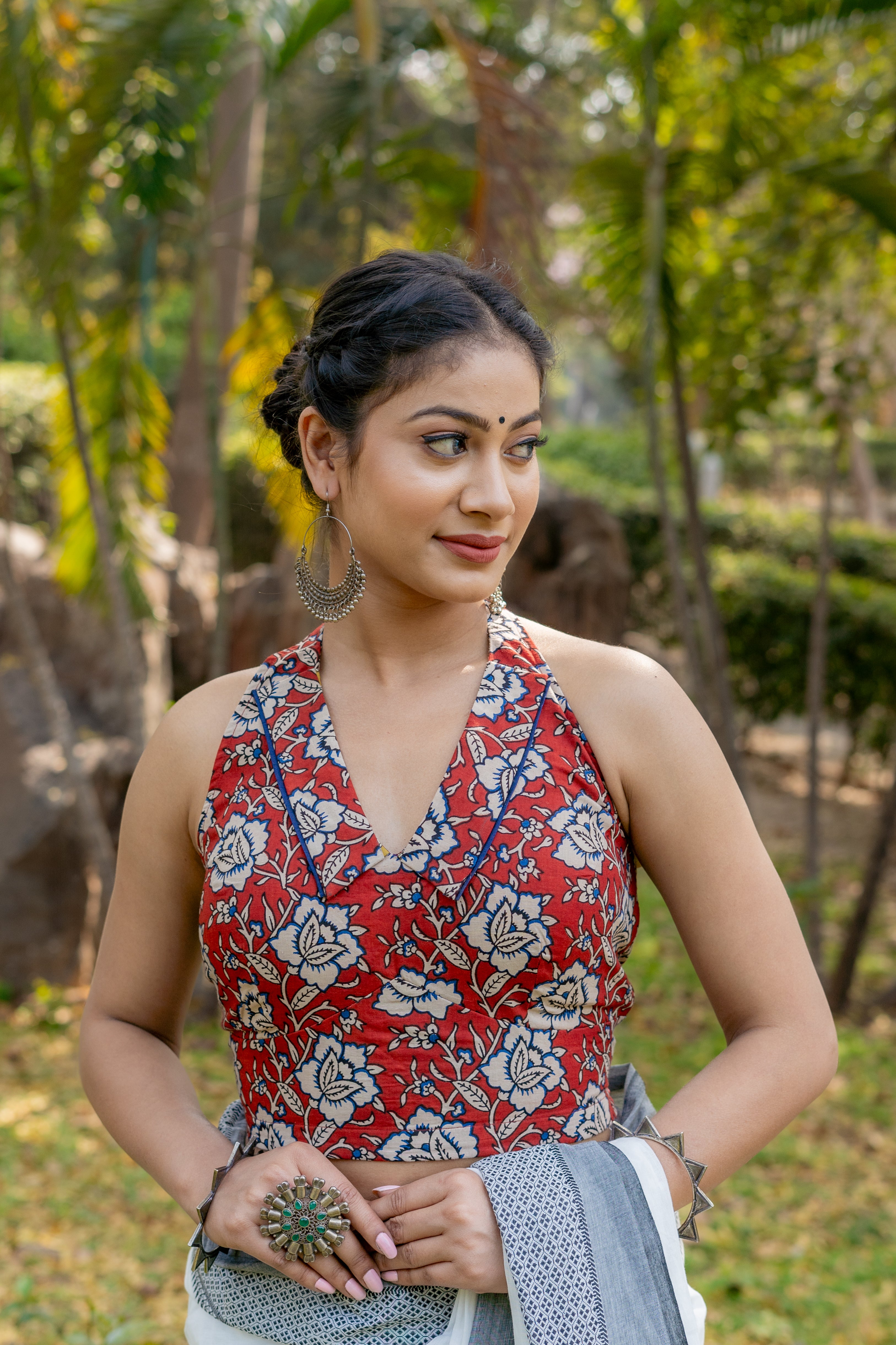 Red bagru kalamkari halter beck cotton blouse with blue piping