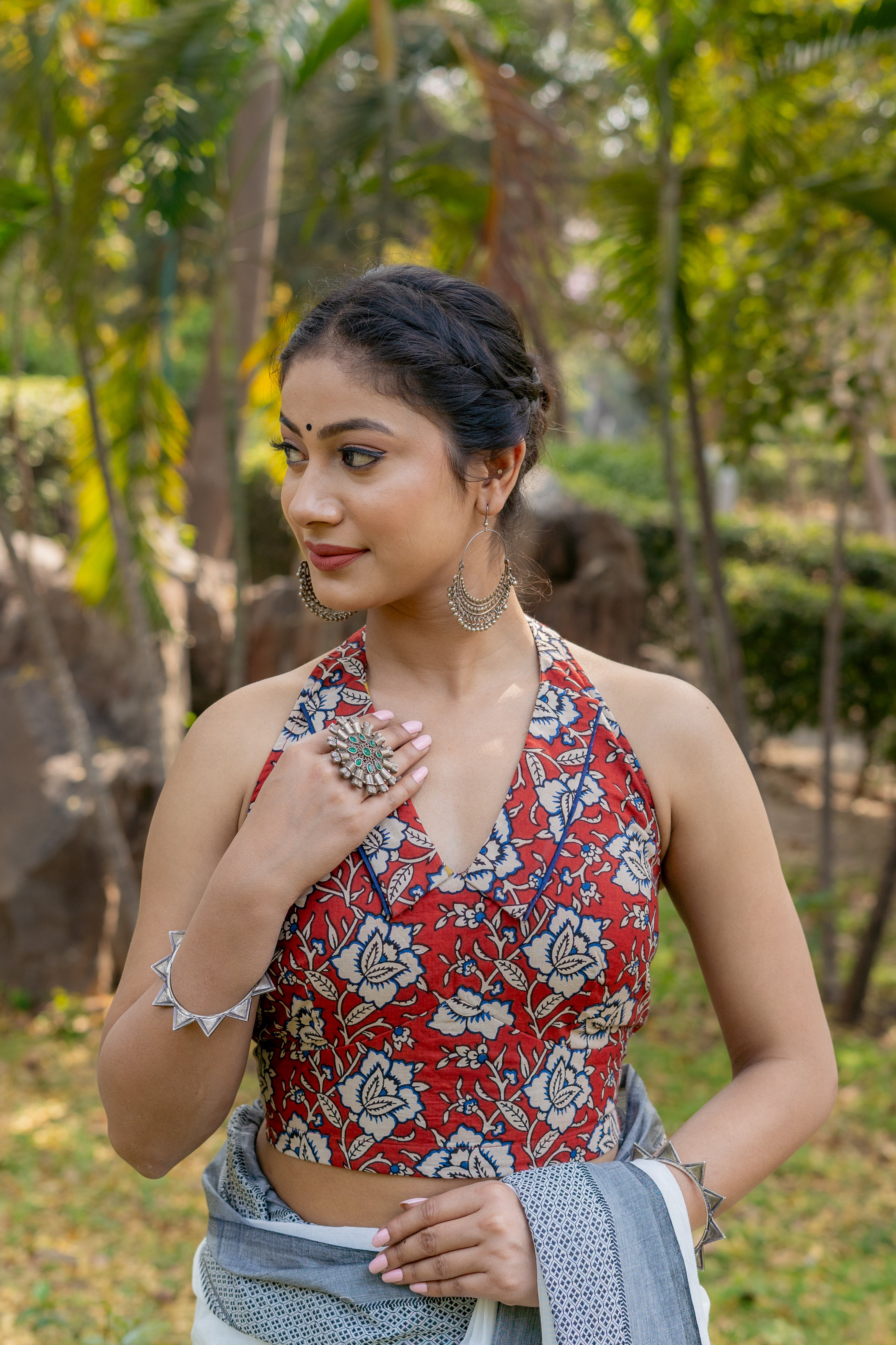 Red bagru kalamkari halter beck cotton blouse with blue piping