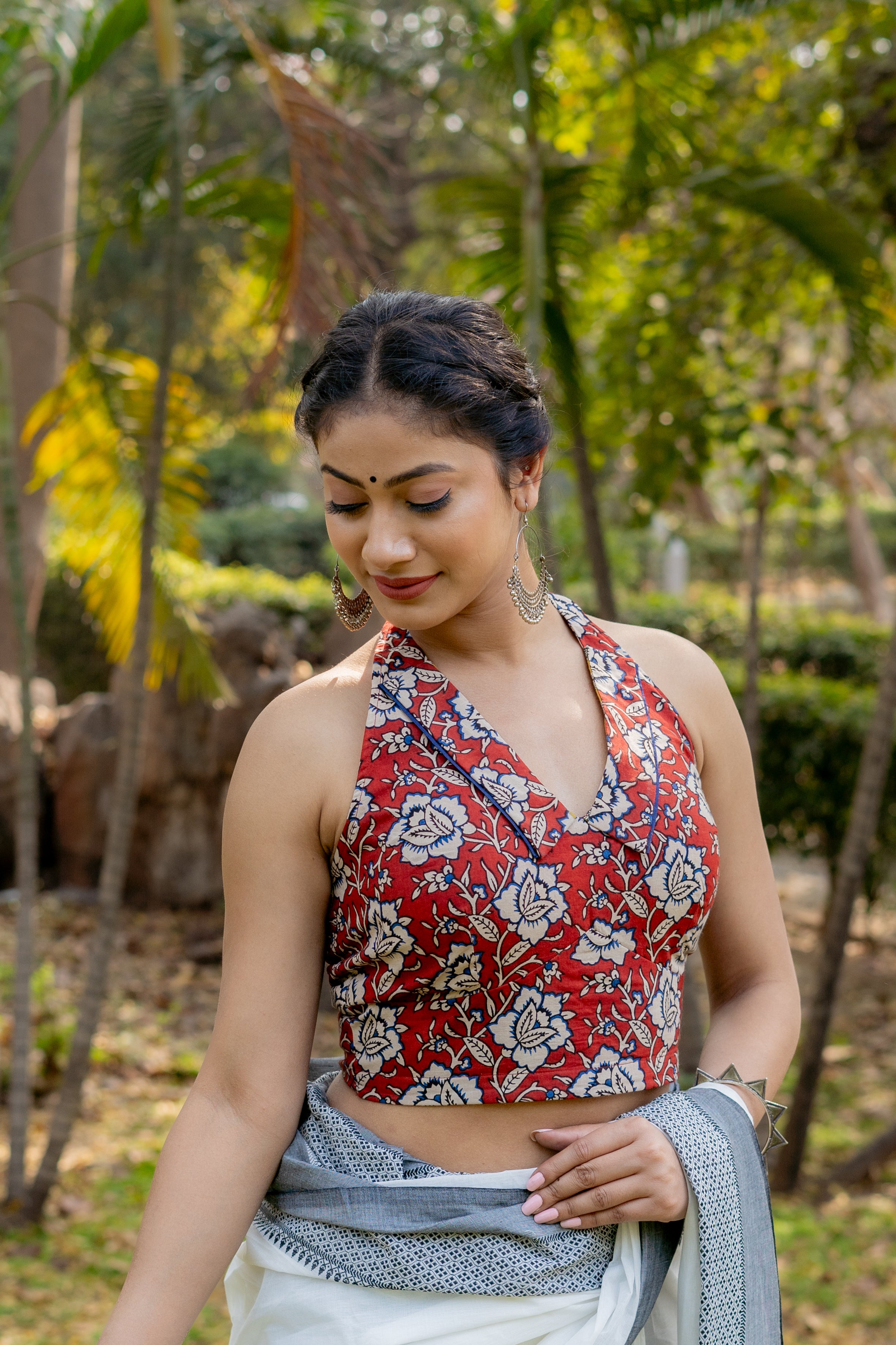 Red bagru kalamkari halter beck cotton blouse with blue piping
