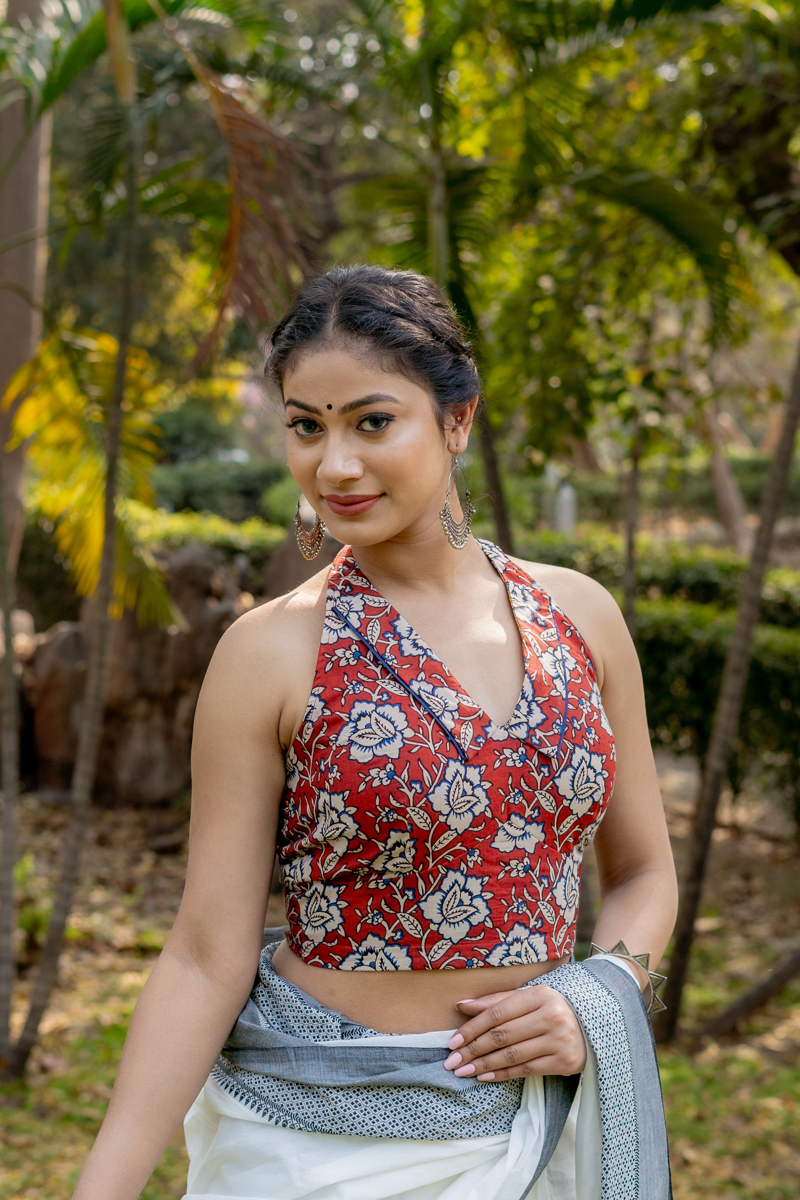 Red bagru kalamkari halter beck cotton blouse with blue piping
