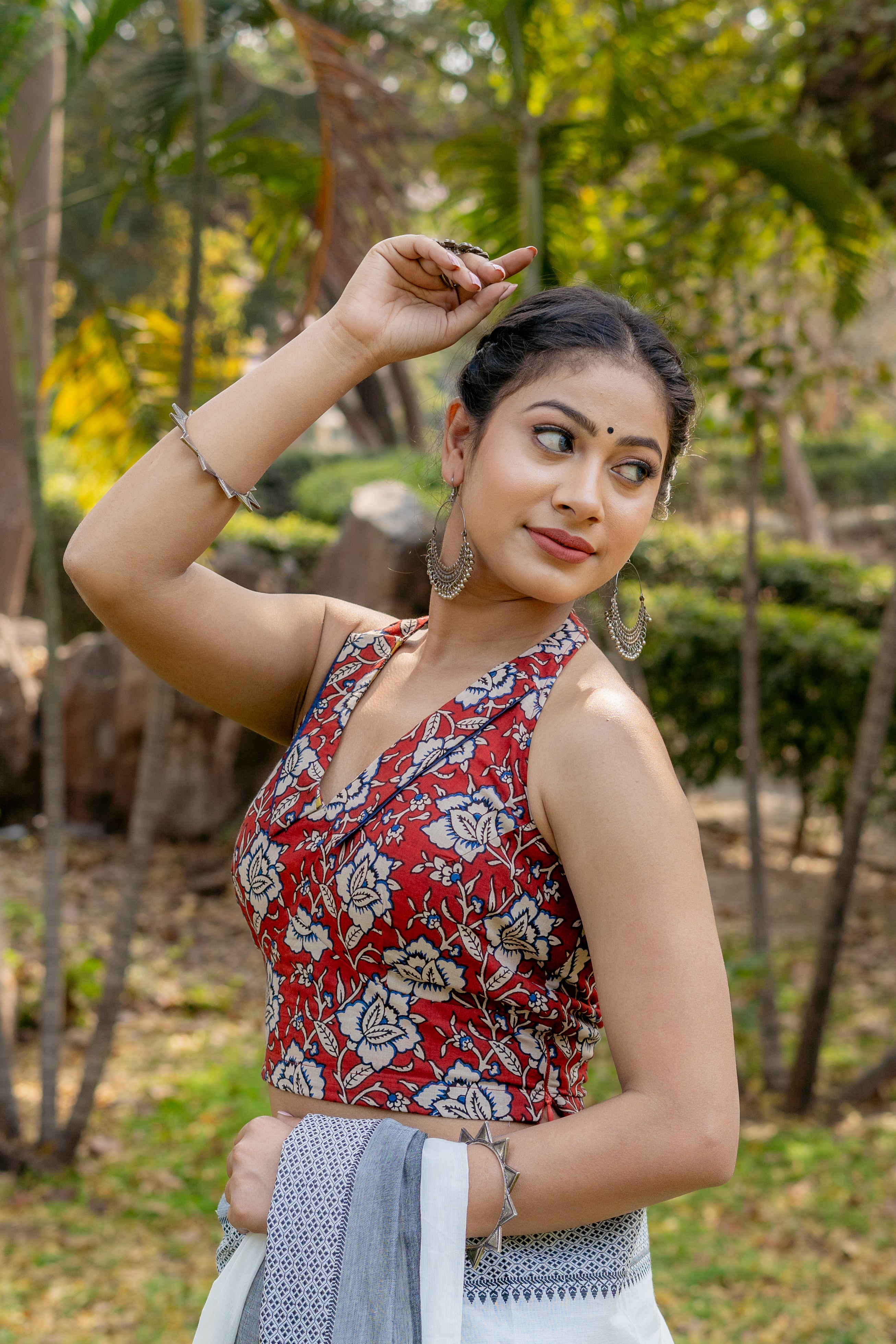 Red bagru kalamkari halter beck cotton blouse with blue piping