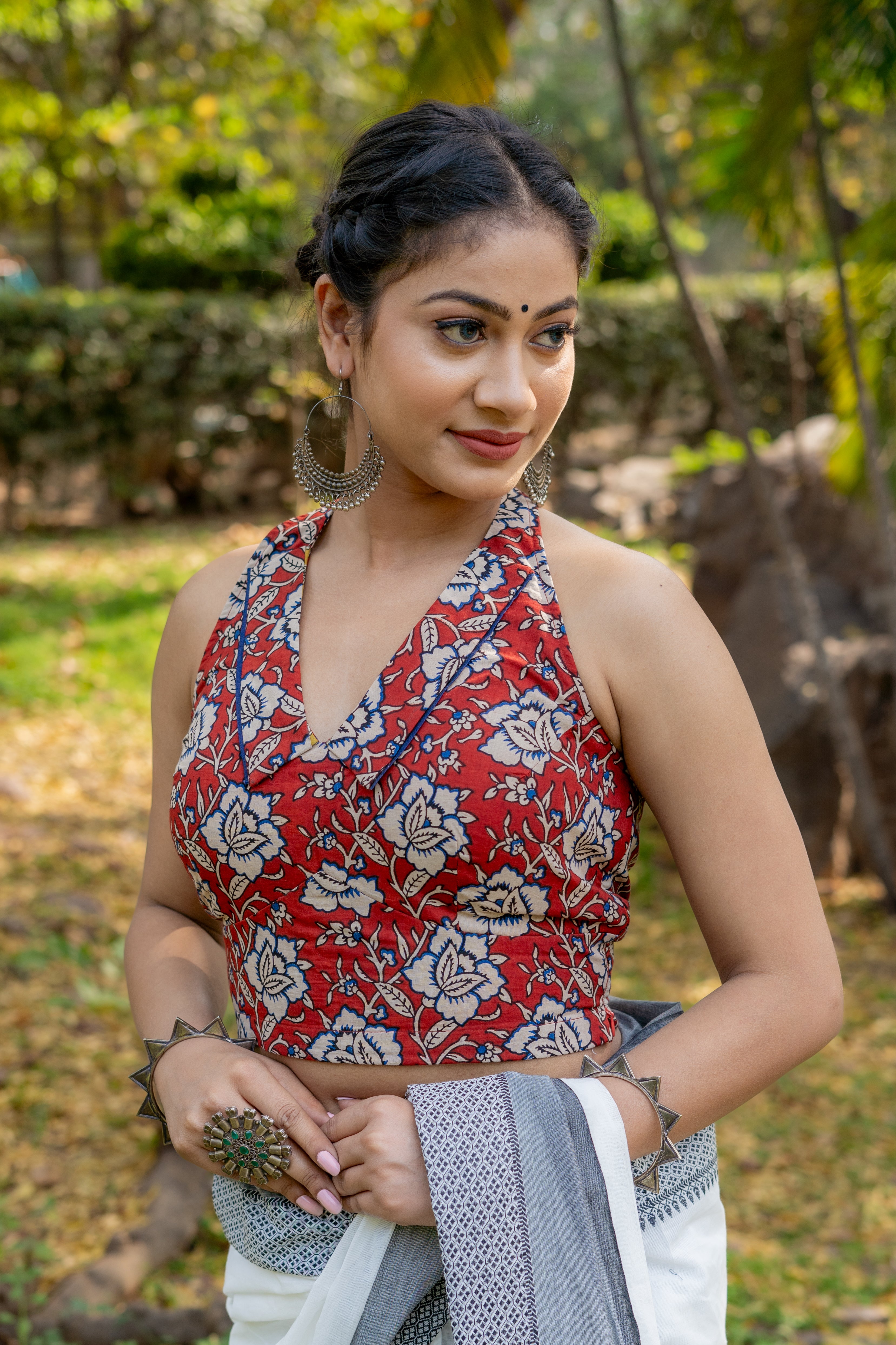 Red bagru kalamkari halter beck cotton blouse with blue piping