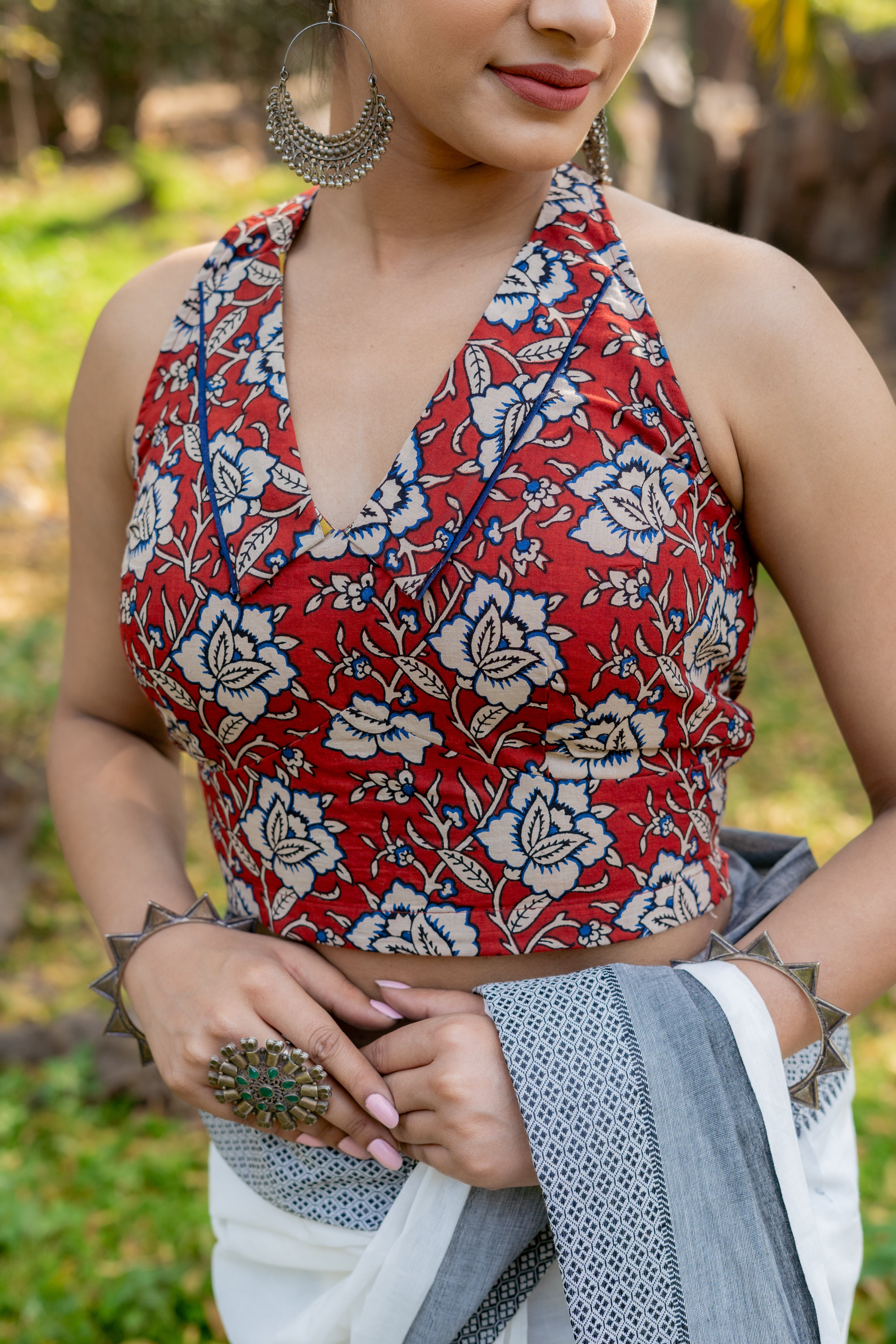 Red bagru kalamkari halter beck cotton blouse with blue piping