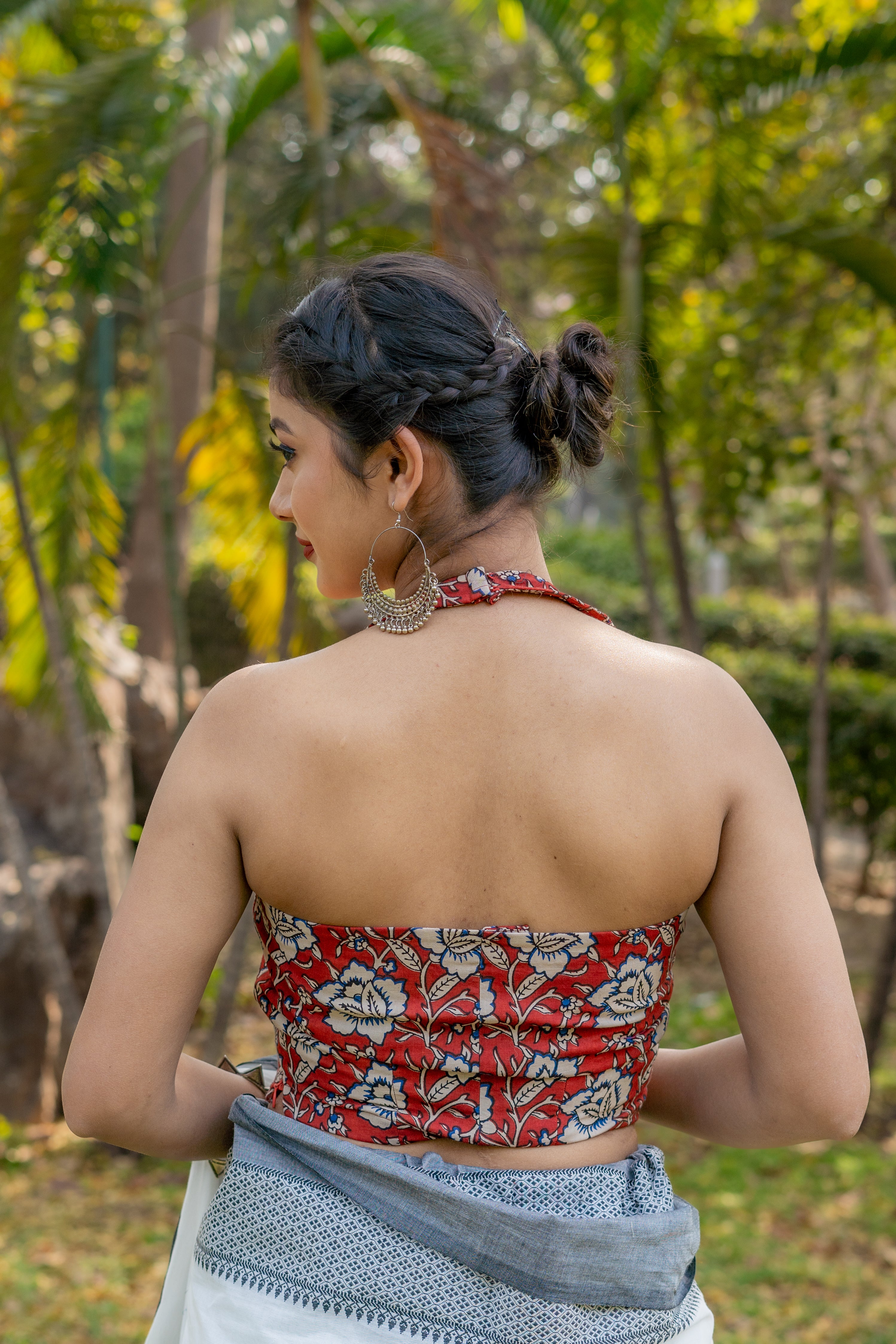Red bagru kalamkari halter beck cotton blouse with blue piping