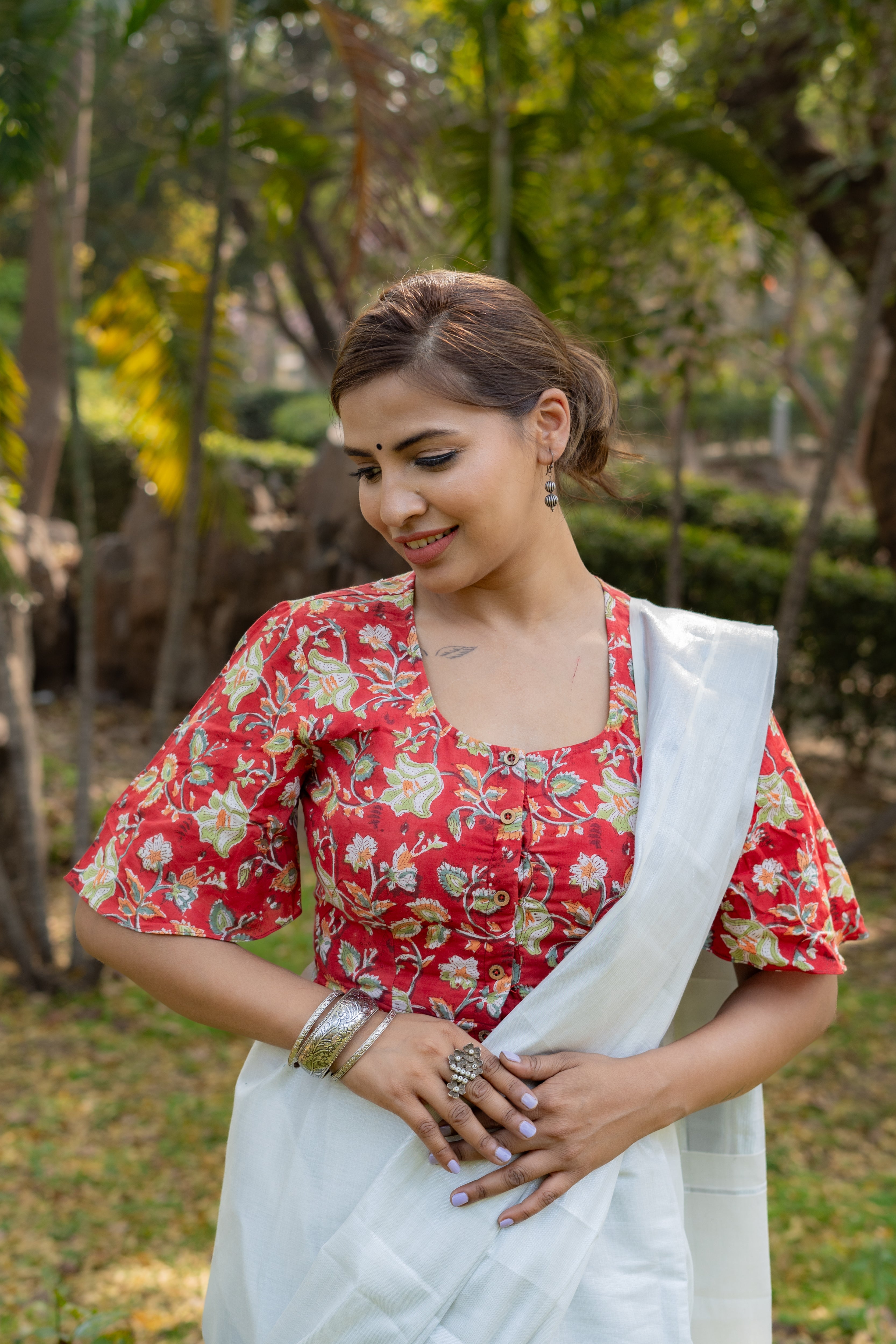 Red sanganeri handblock print with butterfly sleeves