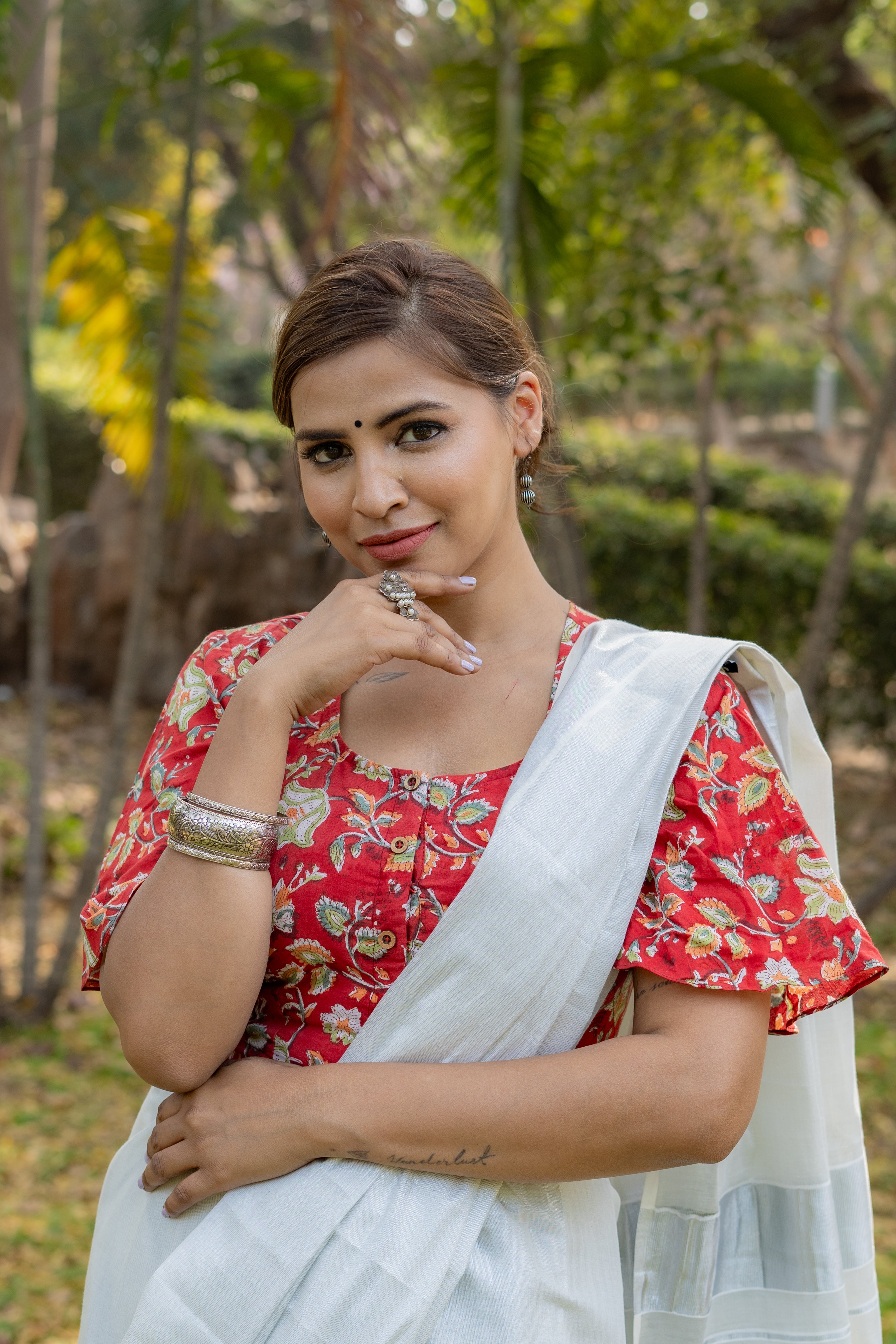 Red sanganeri handblock print with butterfly sleeves
