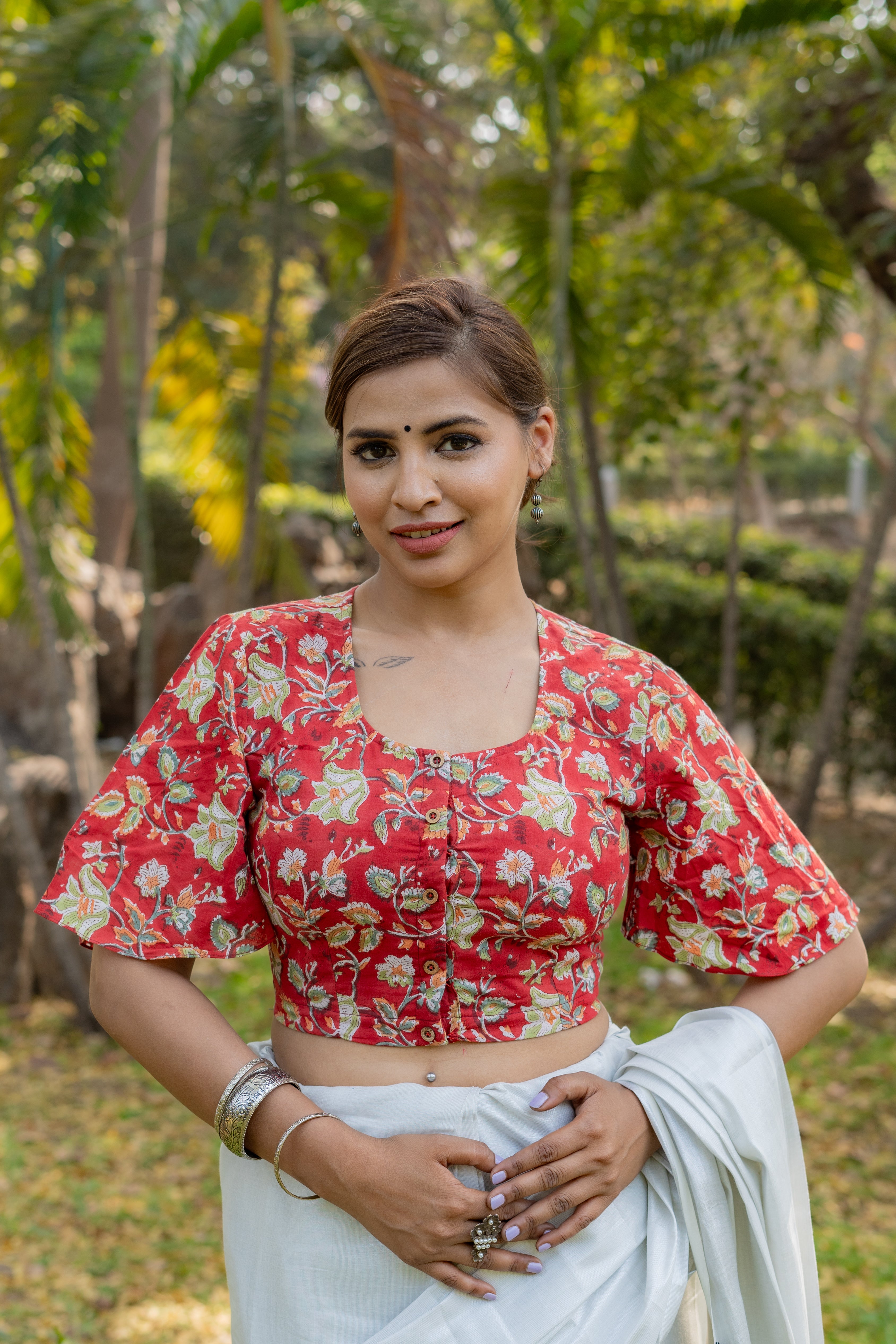Red sanganeri handblock print with butterfly sleeves