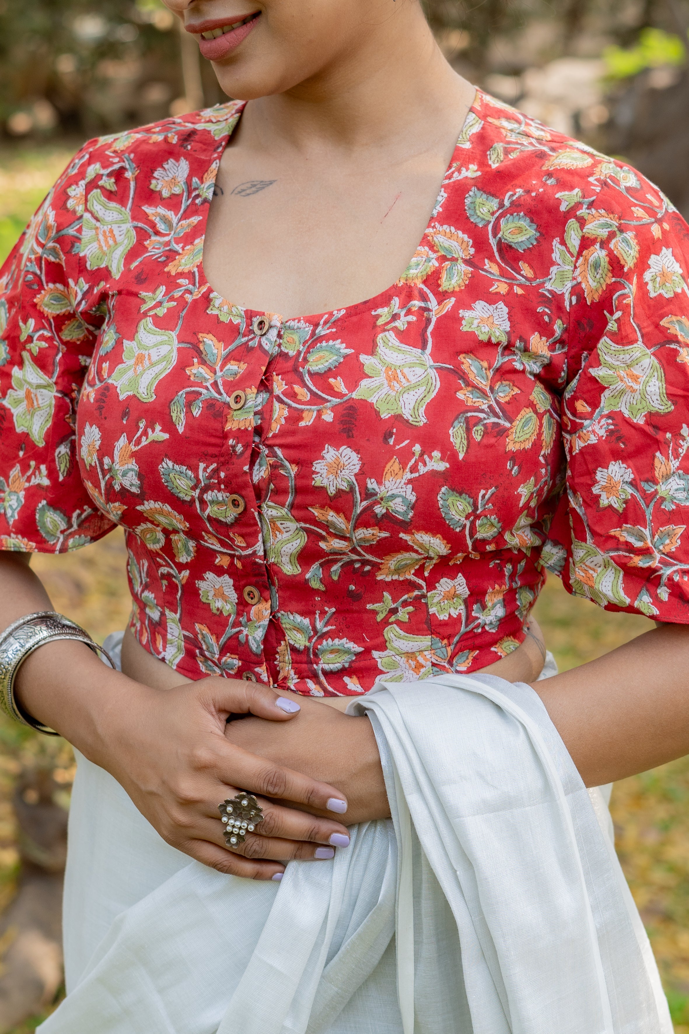 Red sanganeri handblock print with butterfly sleeves