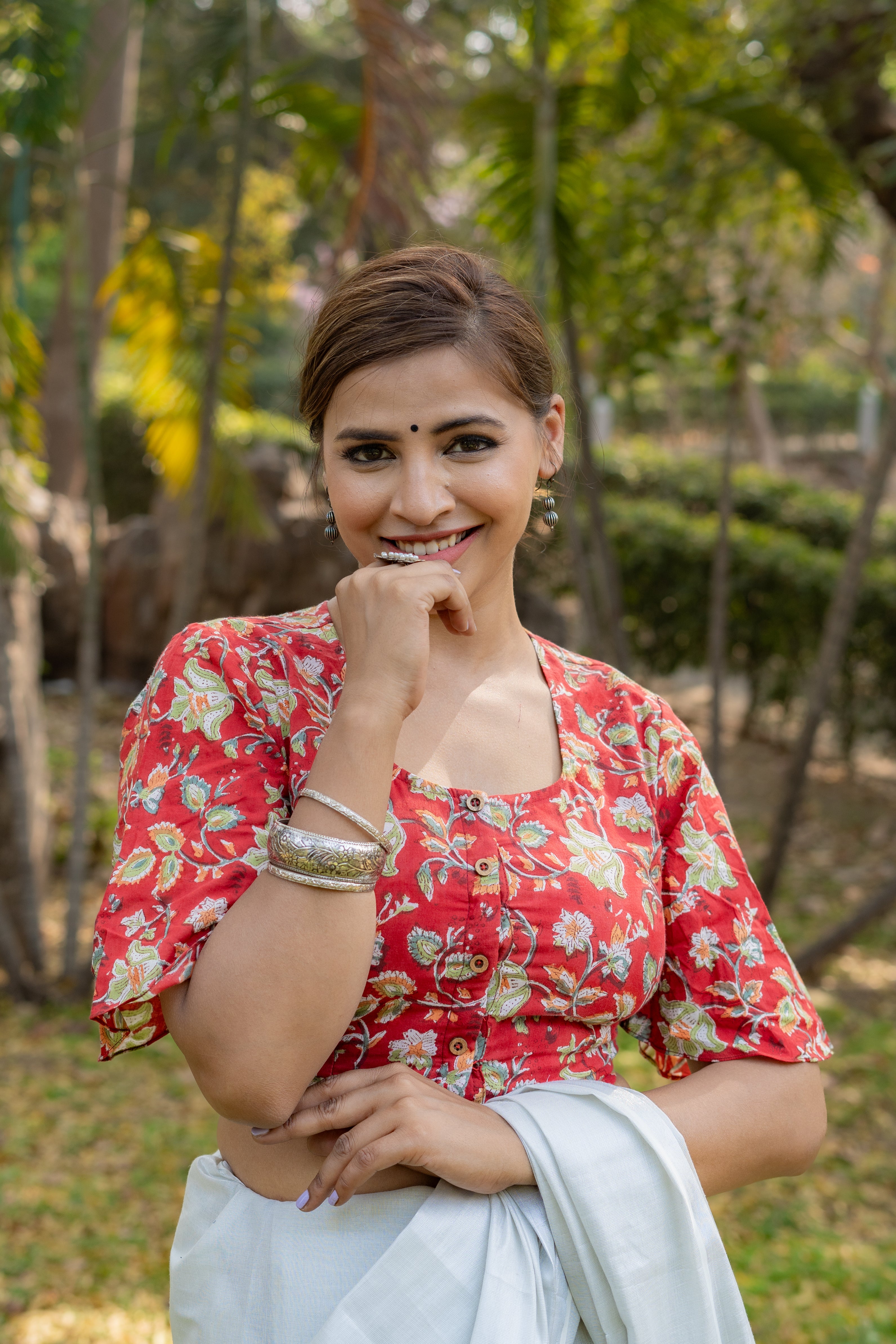 Red sanganeri handblock print with butterfly sleeves