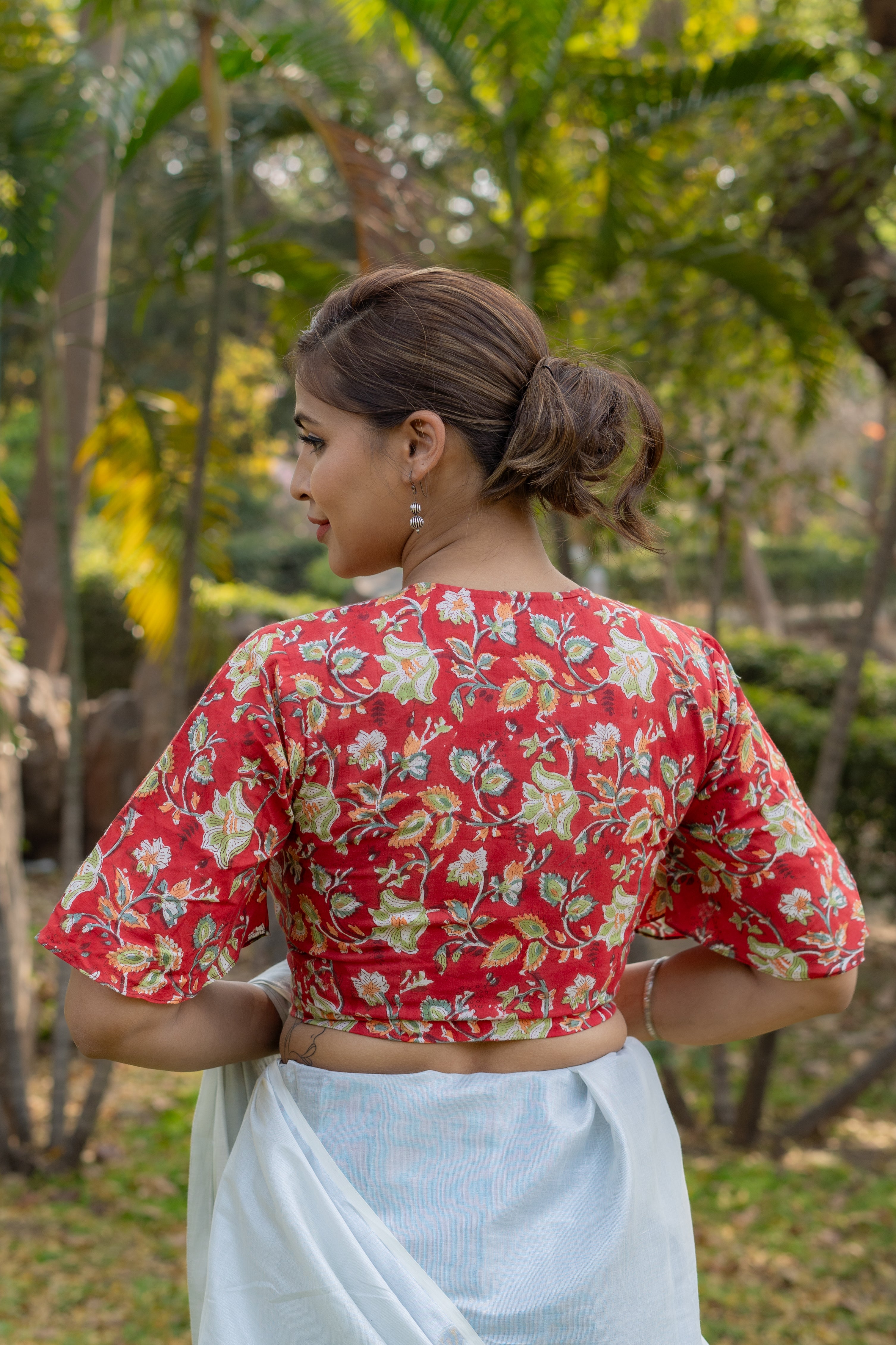 Red sanganeri handblock print with butterfly sleeves