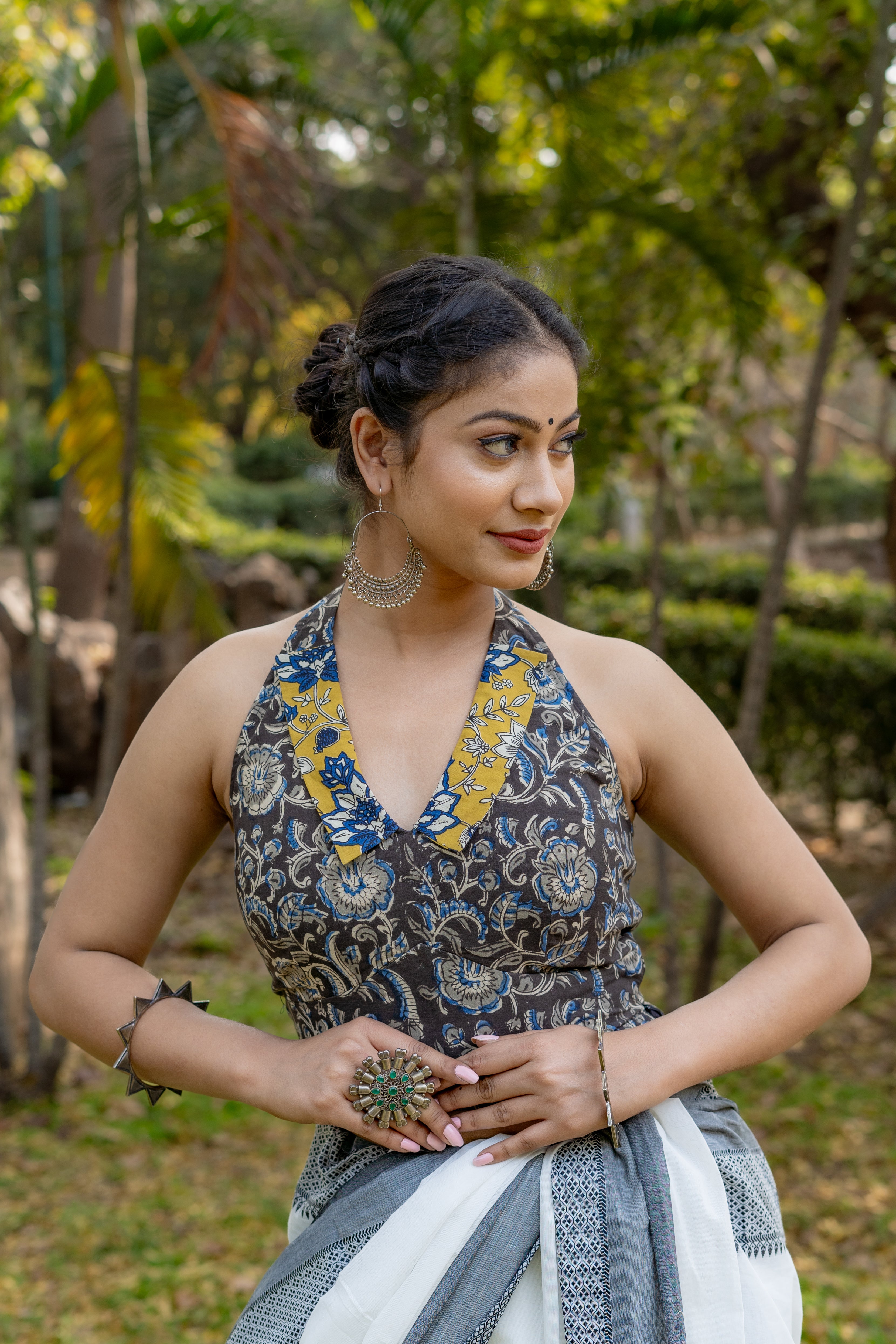 Black and mustard kalamkaru bagru halter neck cotton blouse