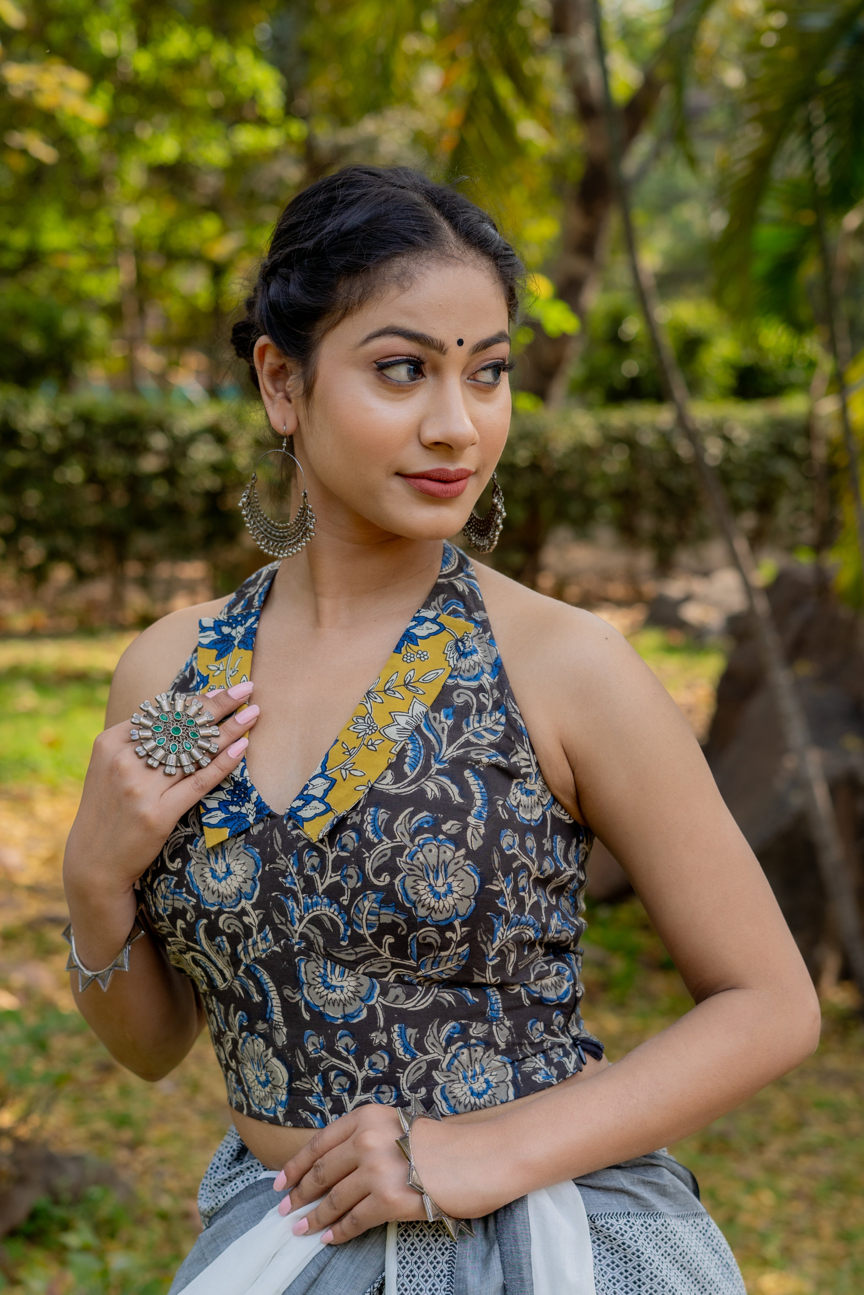 Black and mustard kalamkaru bagru halter neck cotton blouse