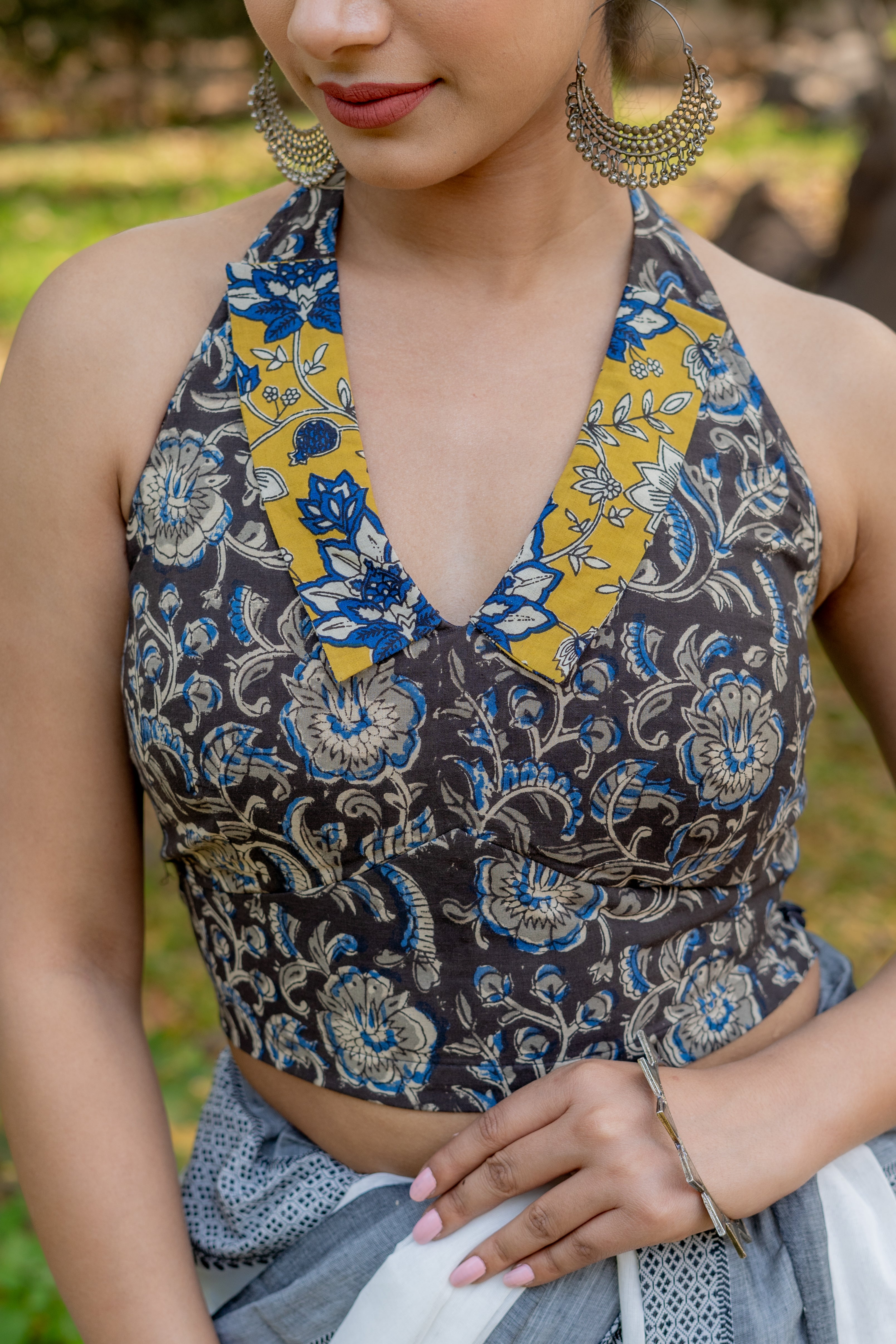Black and mustard kalamkaru bagru halter neck cotton blouse