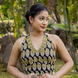 Black and olive bagru handblock print halter neck cotton blouse