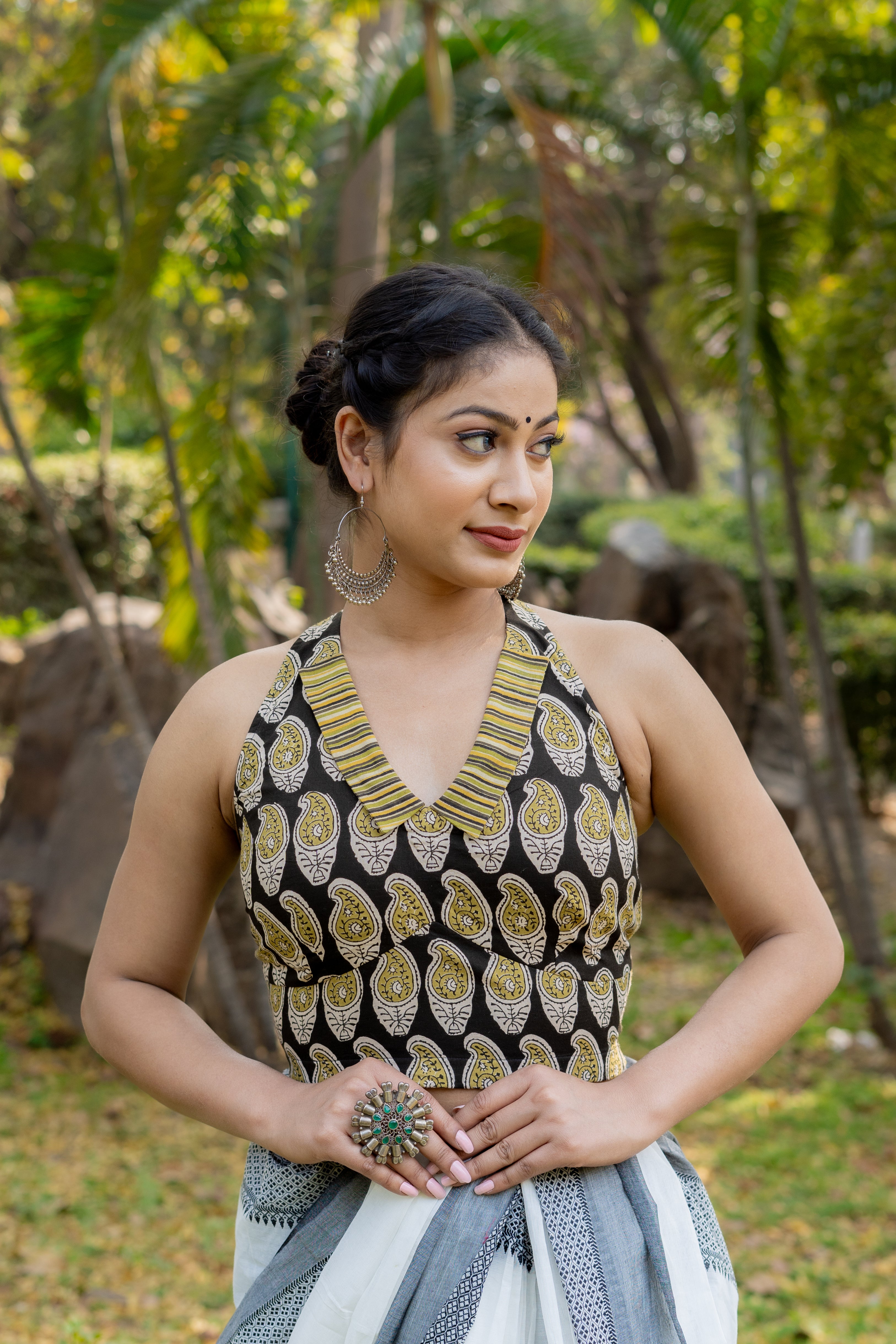 Black and olive bagru handblock print halter neck cotton blouse