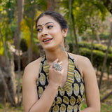 Black and olive bagru handblock print halter neck cotton blouse